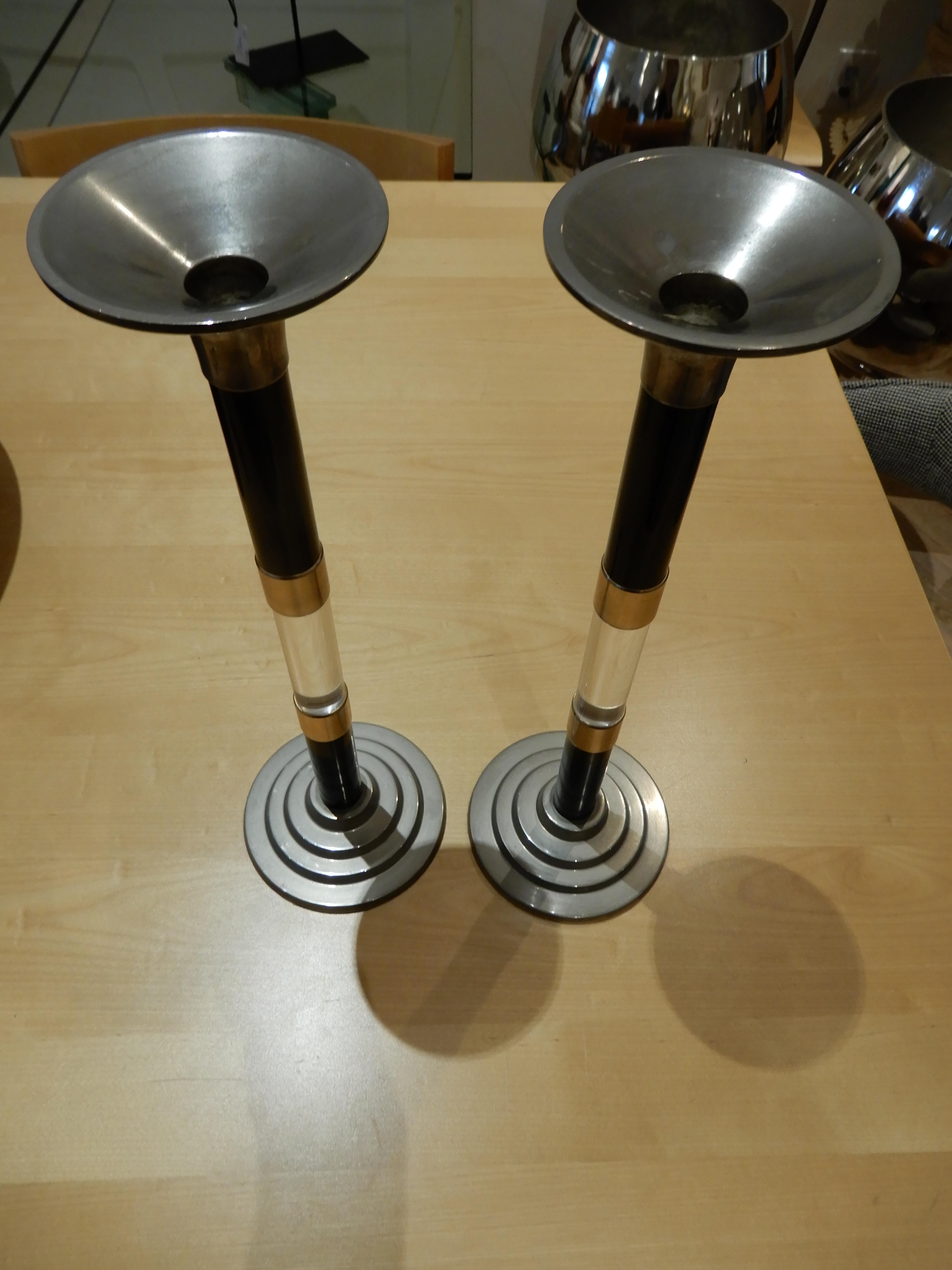 A rare find in these gunmetal, Lucite and brass candleholders, immaculate condition, not signed.