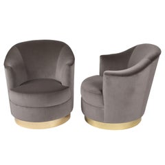 Pair of Karl Springer Swivel Armchairs with Polished-Brass Bases, circa 1980s