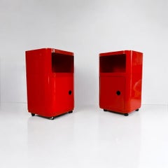 Pair of Kartell 'Componibili' Red Square-Base Serving Trolleys / Tables, 1960s