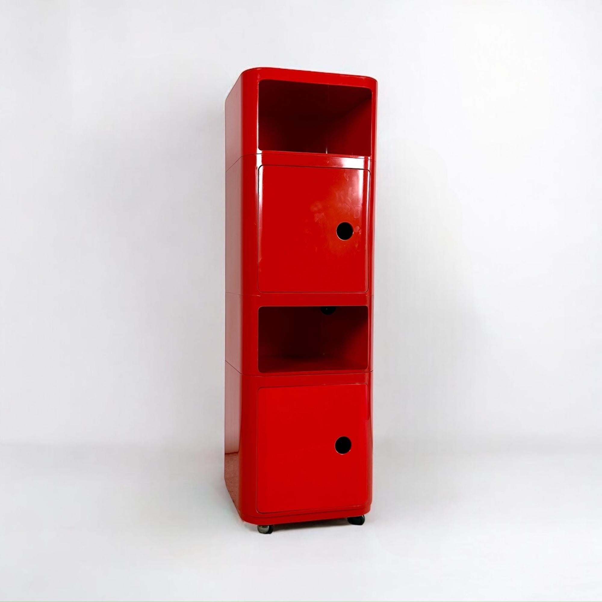 Mid-Century Modern Pair of Kartell 'Componibili' Red Square-Base Serving Trolleys / Tables, 1960s