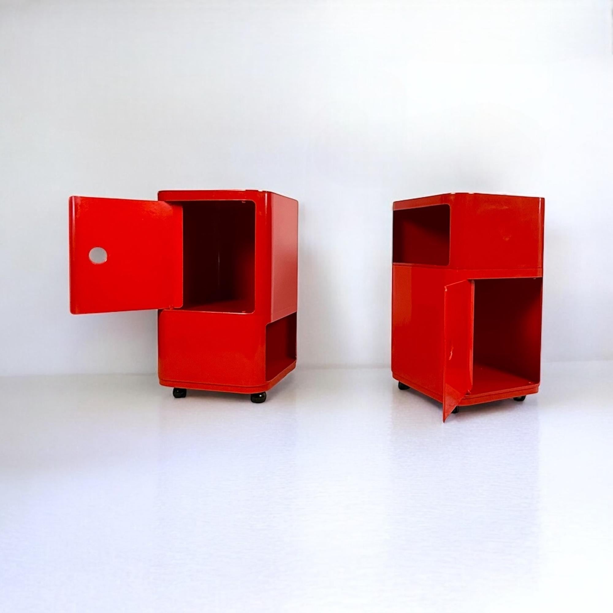 Mid-20th Century Pair of Kartell 'Componibili' Red Square-Base Serving Trolleys / Tables, 1960s