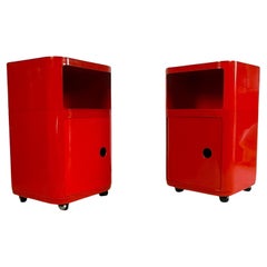 Paire de chariots de service Kartell Componibili à base carrée rouge, années 1960