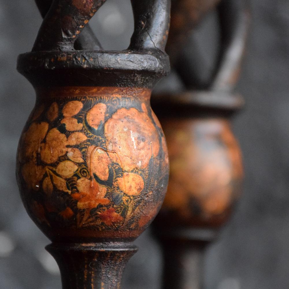 Pair of Kashmir candlesticks, circa 1900
We are proud to offer a pair of open barley twist column candlesticks/lamp bases made and hand painted in Kashmir, (in the middle of the Himalayas) Wonderfully hand painted and highly decorative. The designs