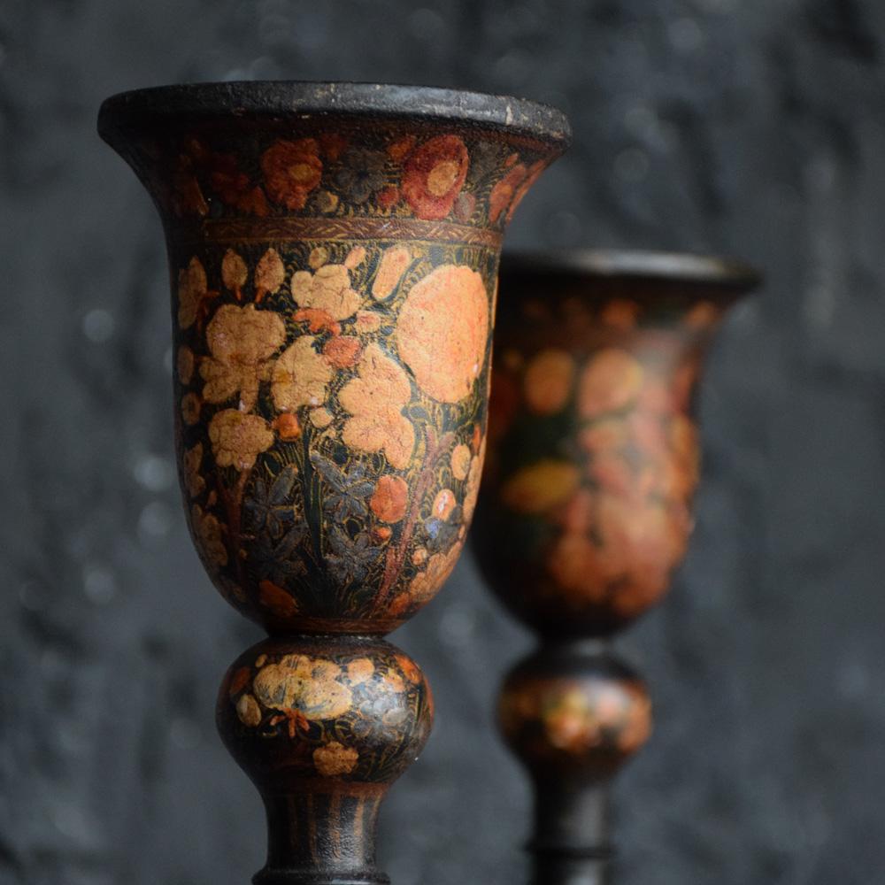 Folk Art Pair of Kashmir Candlesticks, circa 1900
