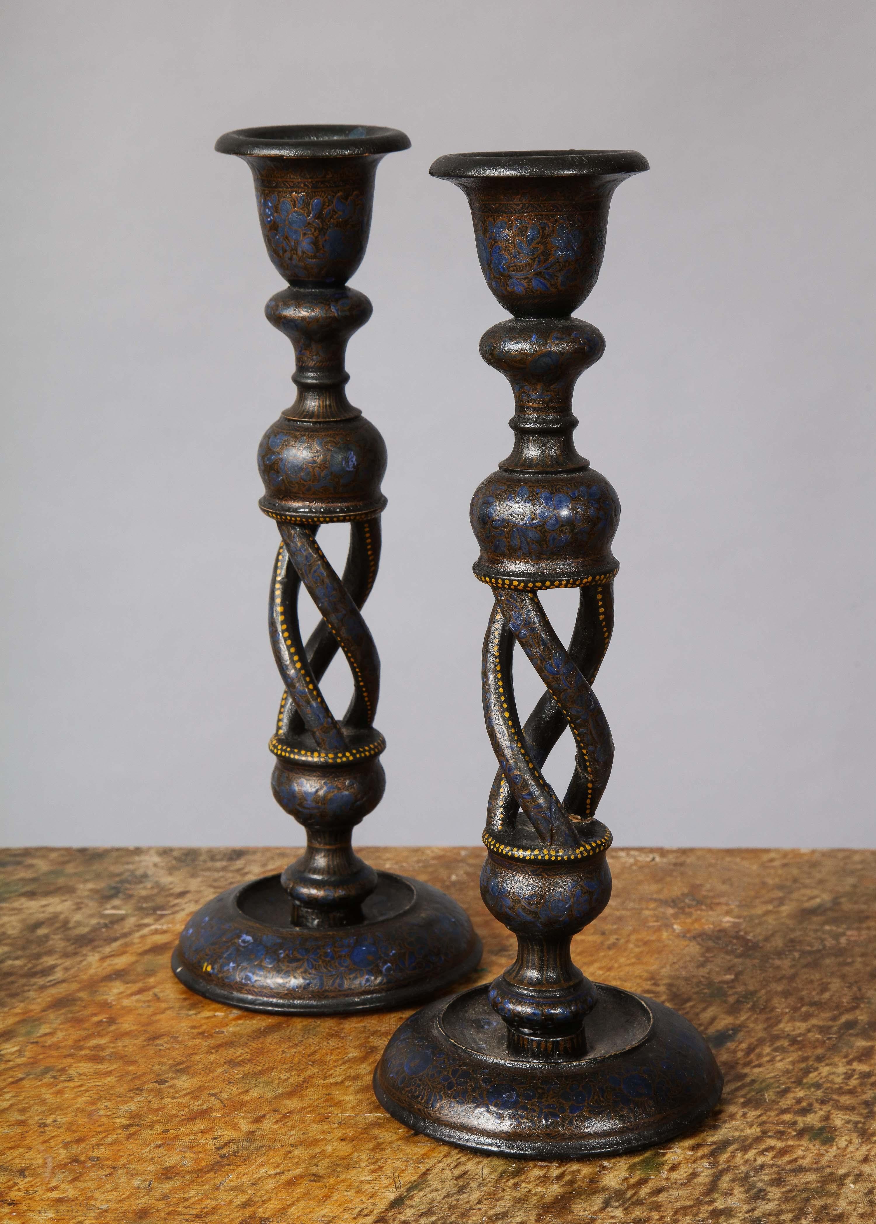 Fine pair of 19th century paint decorated barley twist candlesticks from Kashmir, circa 1880, retaining original decoration and nice old finish, easily adapted for electrification if so desired.