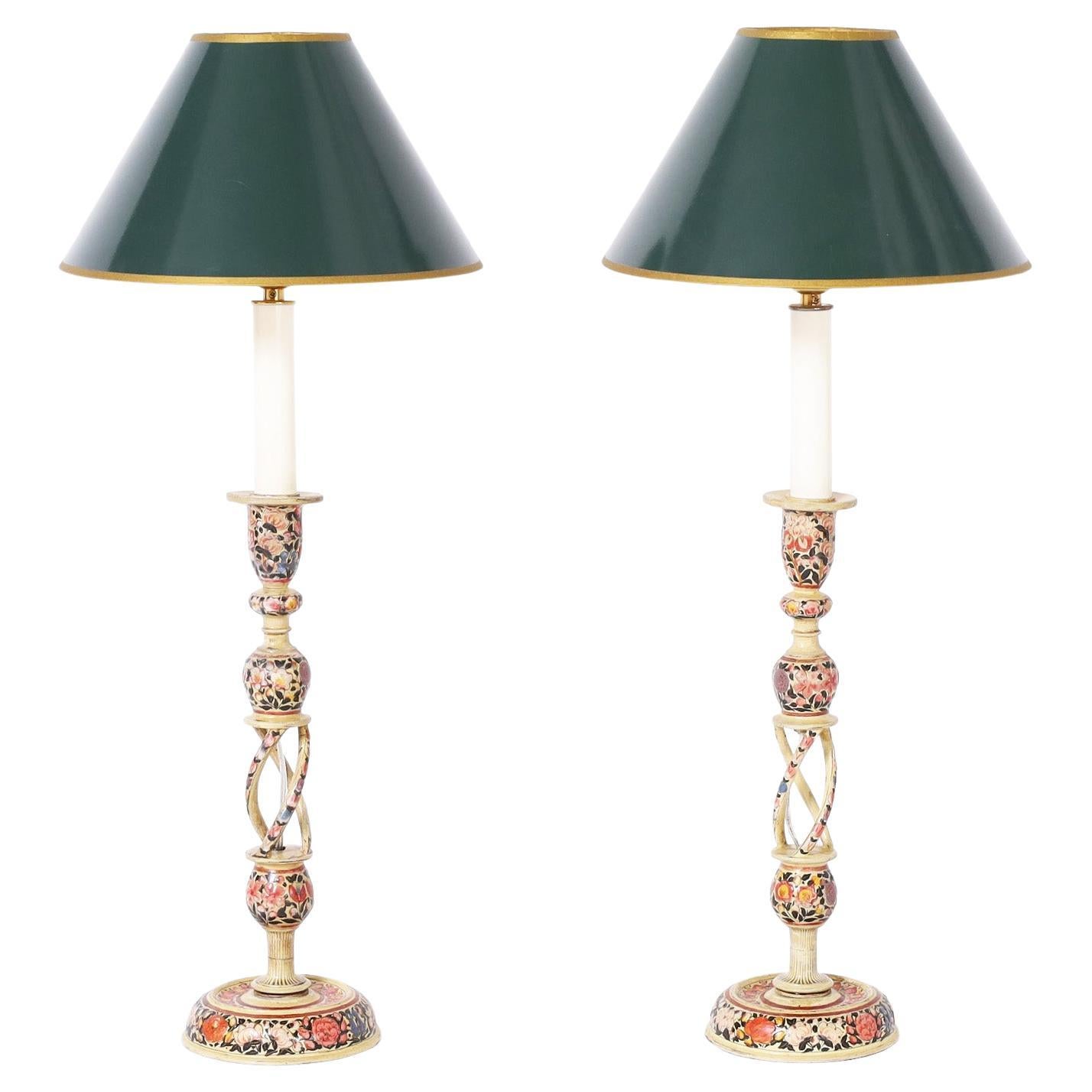 Pair of Kashmiri Candlestick Table Lamps