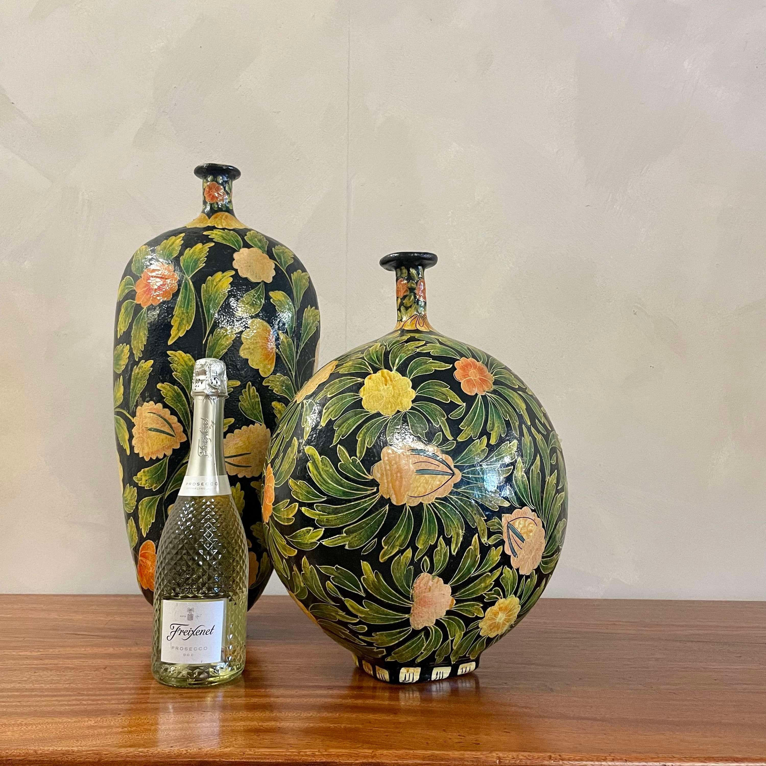 Pair of Kashmiri Papier Mâché Hand Painted Vases Floral Design 3