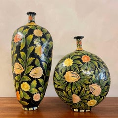 Pair of Kashmiri Papier Mâché Hand Painted Vases Floral Design