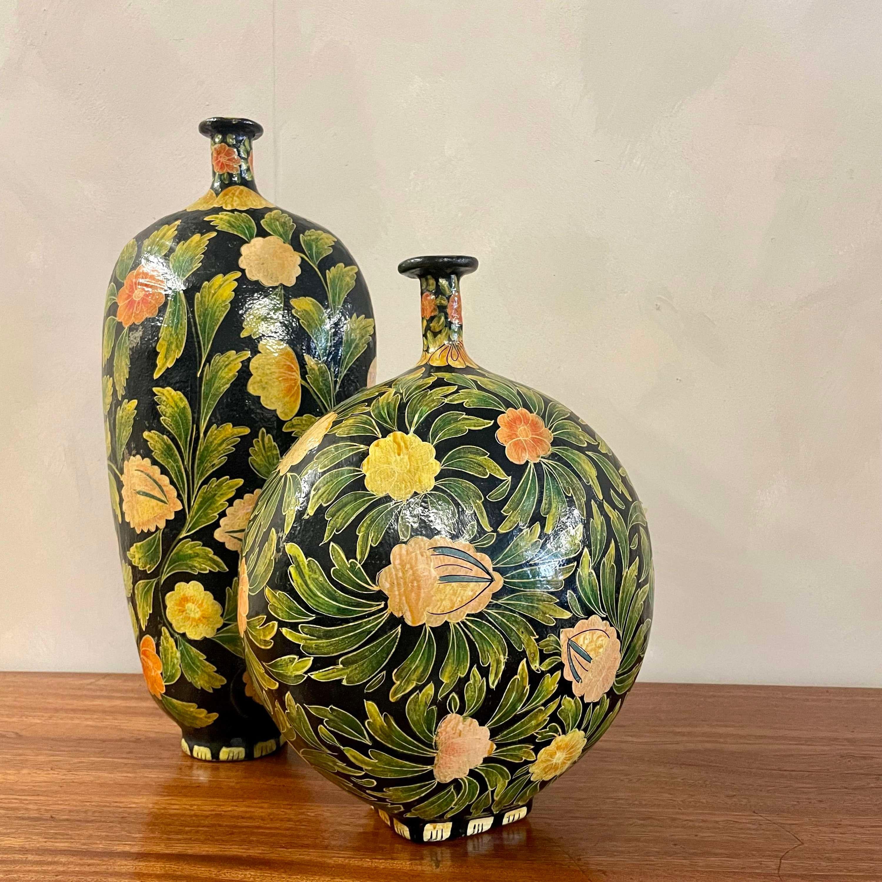 Indian Pair of Kashmiri Papier Mâché Hand Painted Vases Floral Design