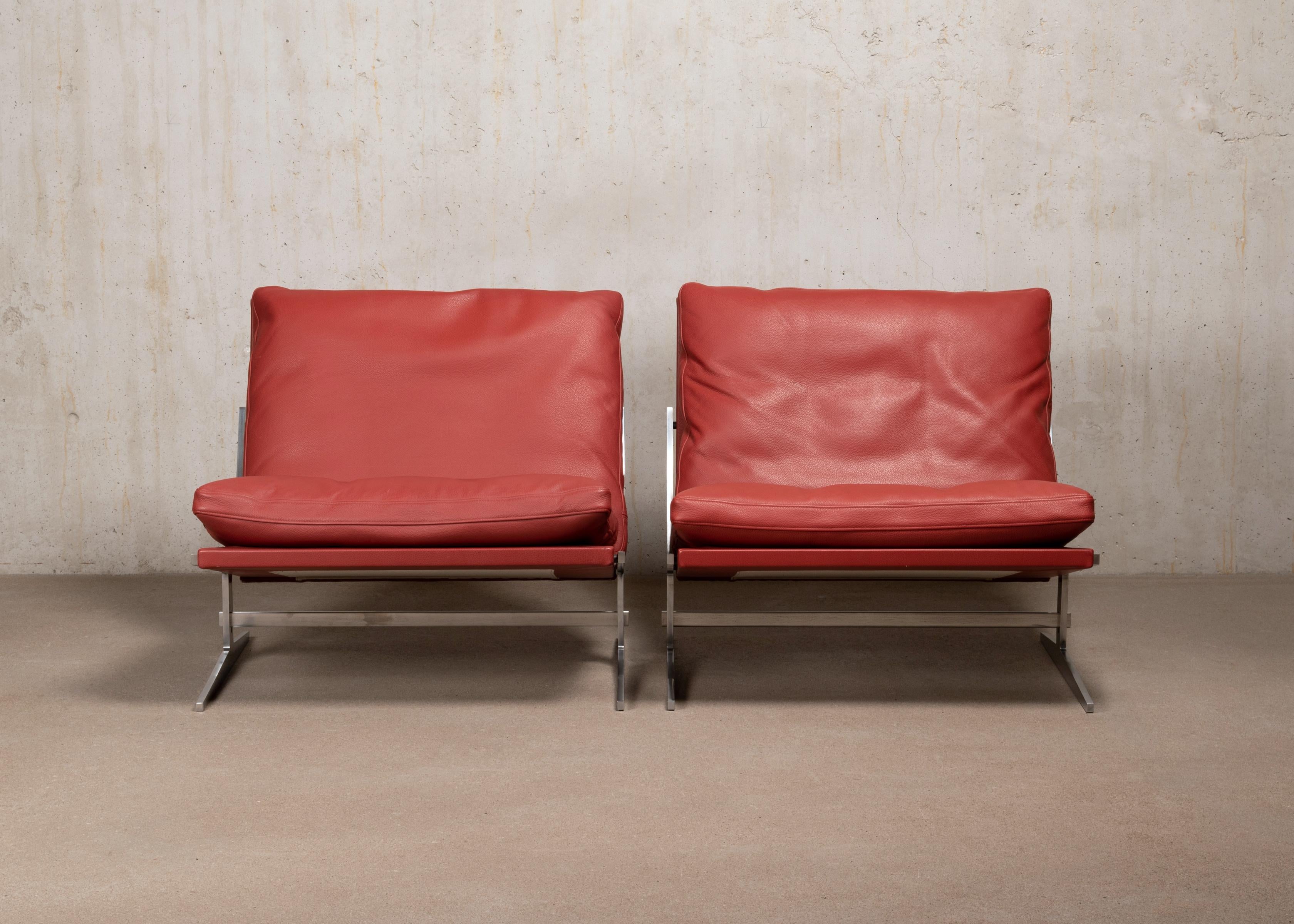 Scandinavian Modern Pair of Kastholm & Fabricius BO-561 Lounge Chairs in Ruby Red Leather by Bo-Ex