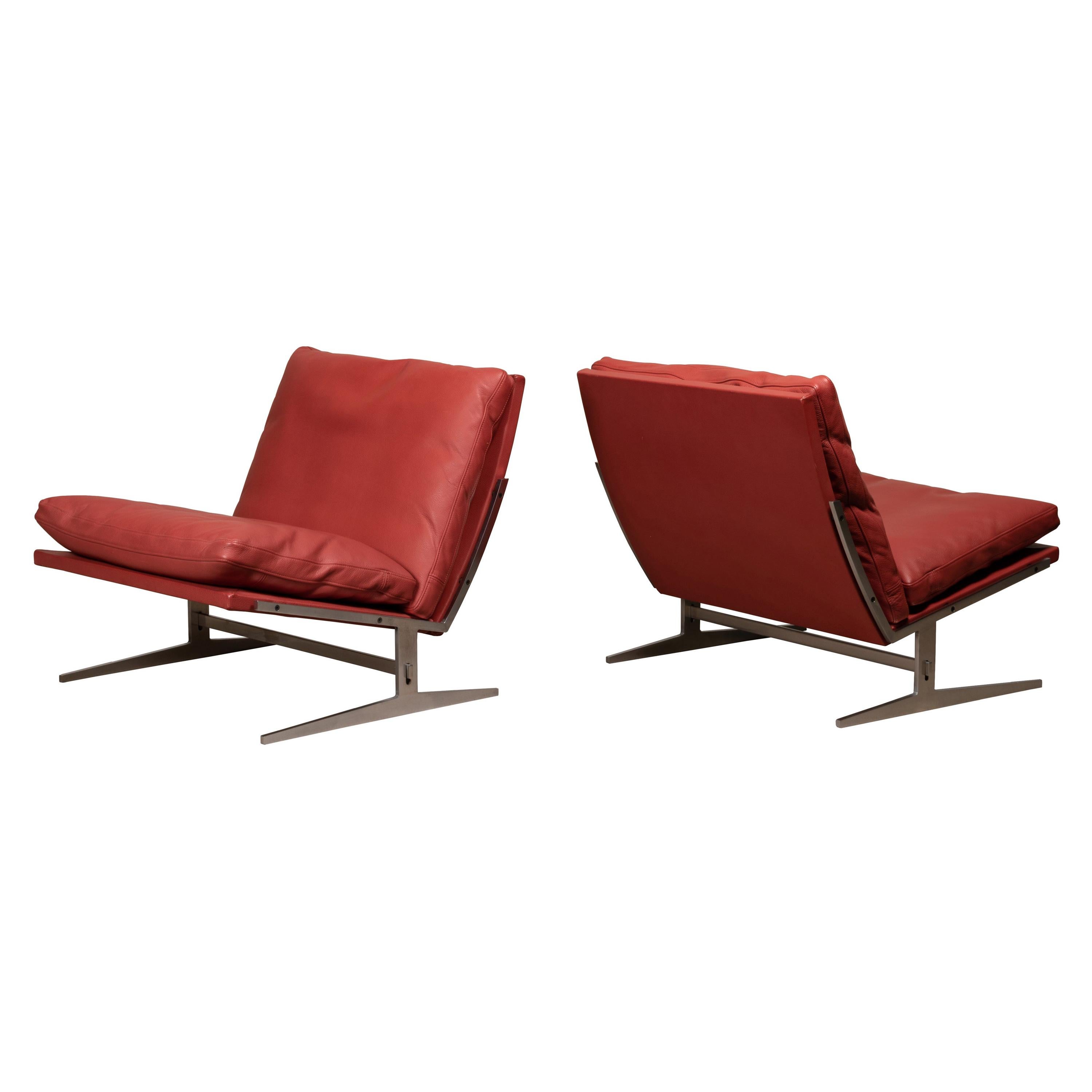 Pair of Kastholm & Fabricius BO-561 Lounge Chairs in Ruby Red Leather by Bo-Ex