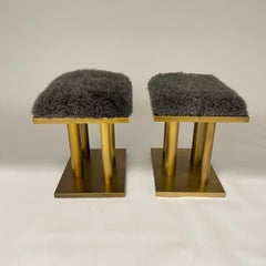Pair of Kelly Wearstler Bronze and Grey Curly Mongolian Lamb Stools, USA 2015