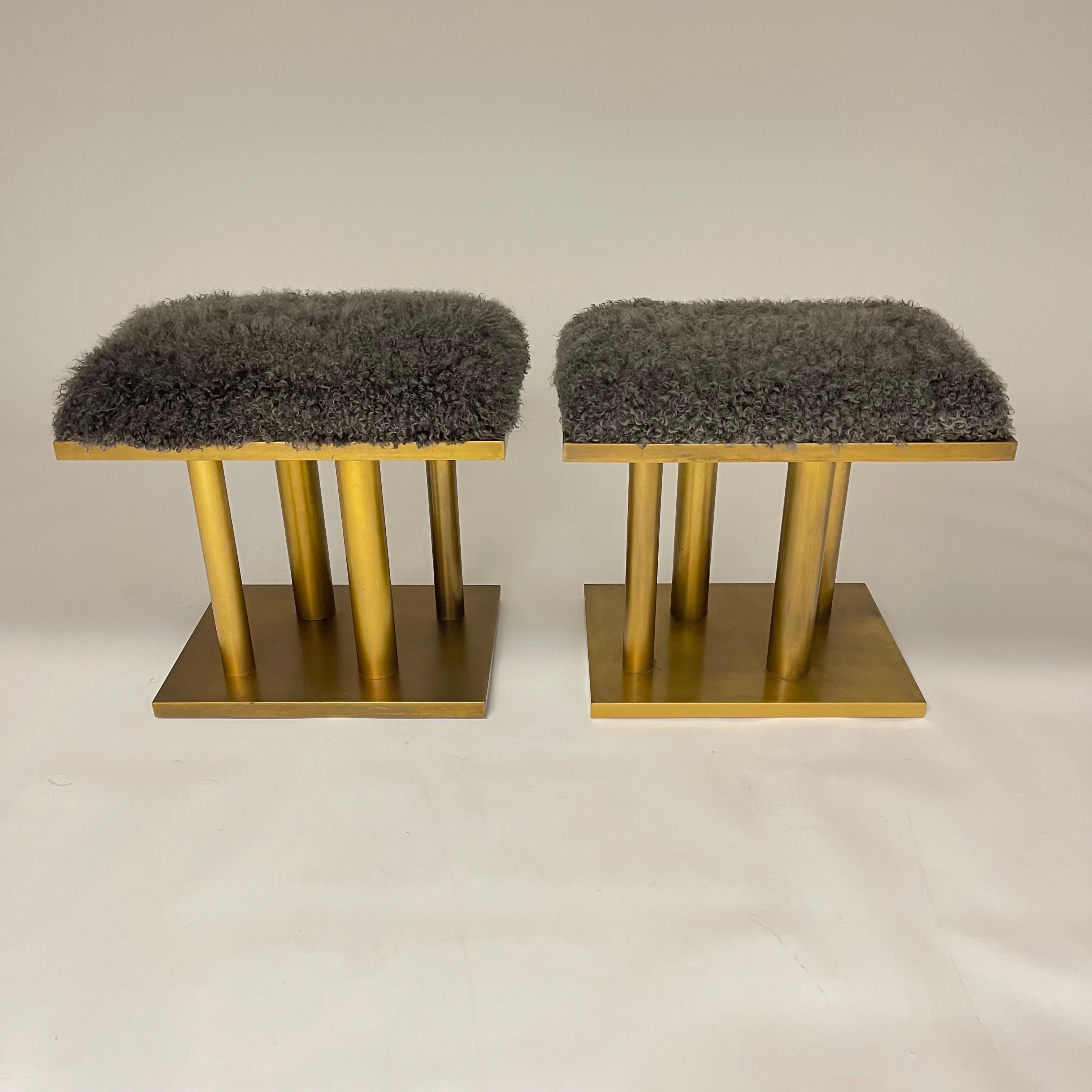 American Pair of Kelly Wearstler Bronze and Grey Curly Mongolian Lamb Stools, USA 2015 For Sale