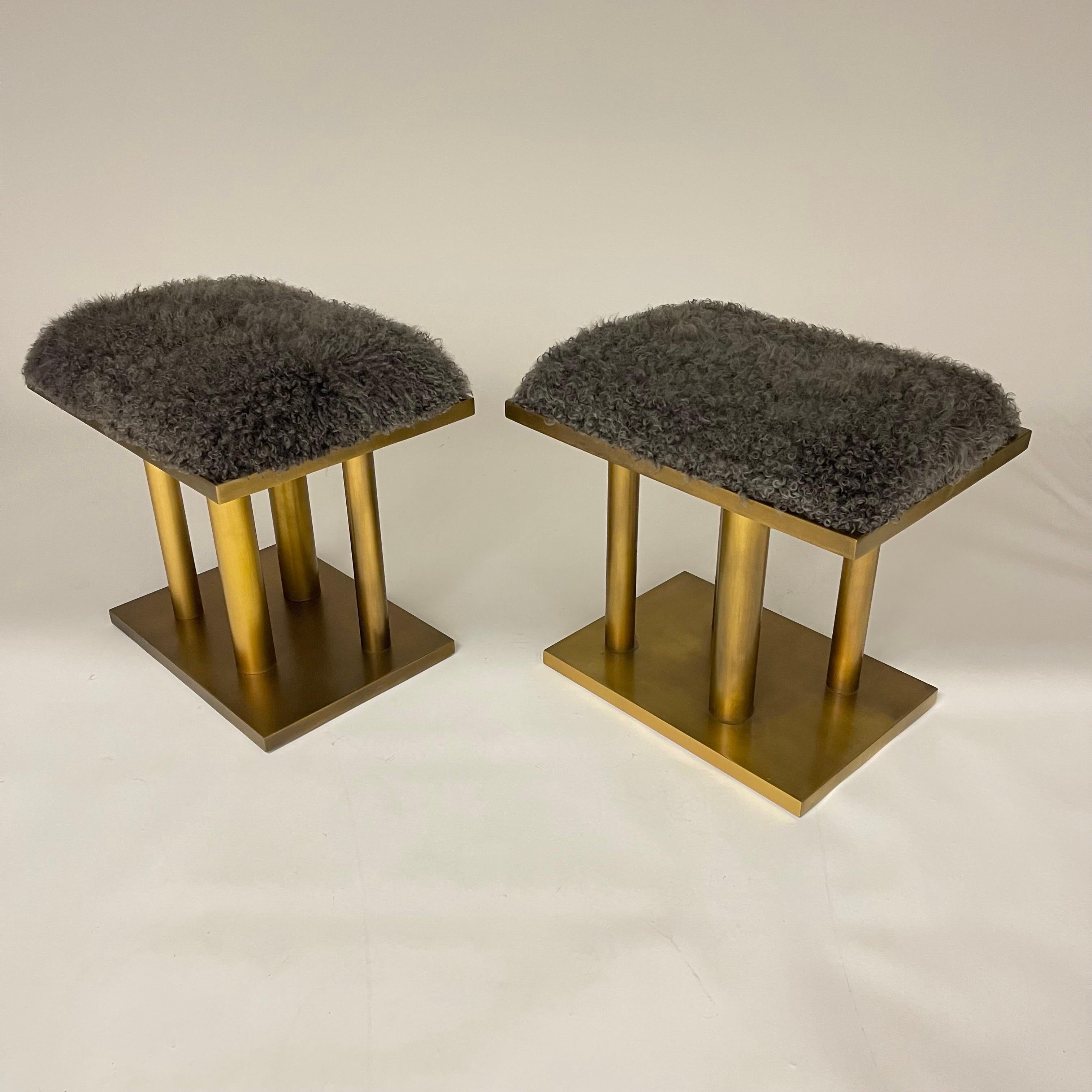 Patinated Pair of Kelly Wearstler Bronze and Grey Curly Mongolian Lamb Stools, USA 2015 For Sale