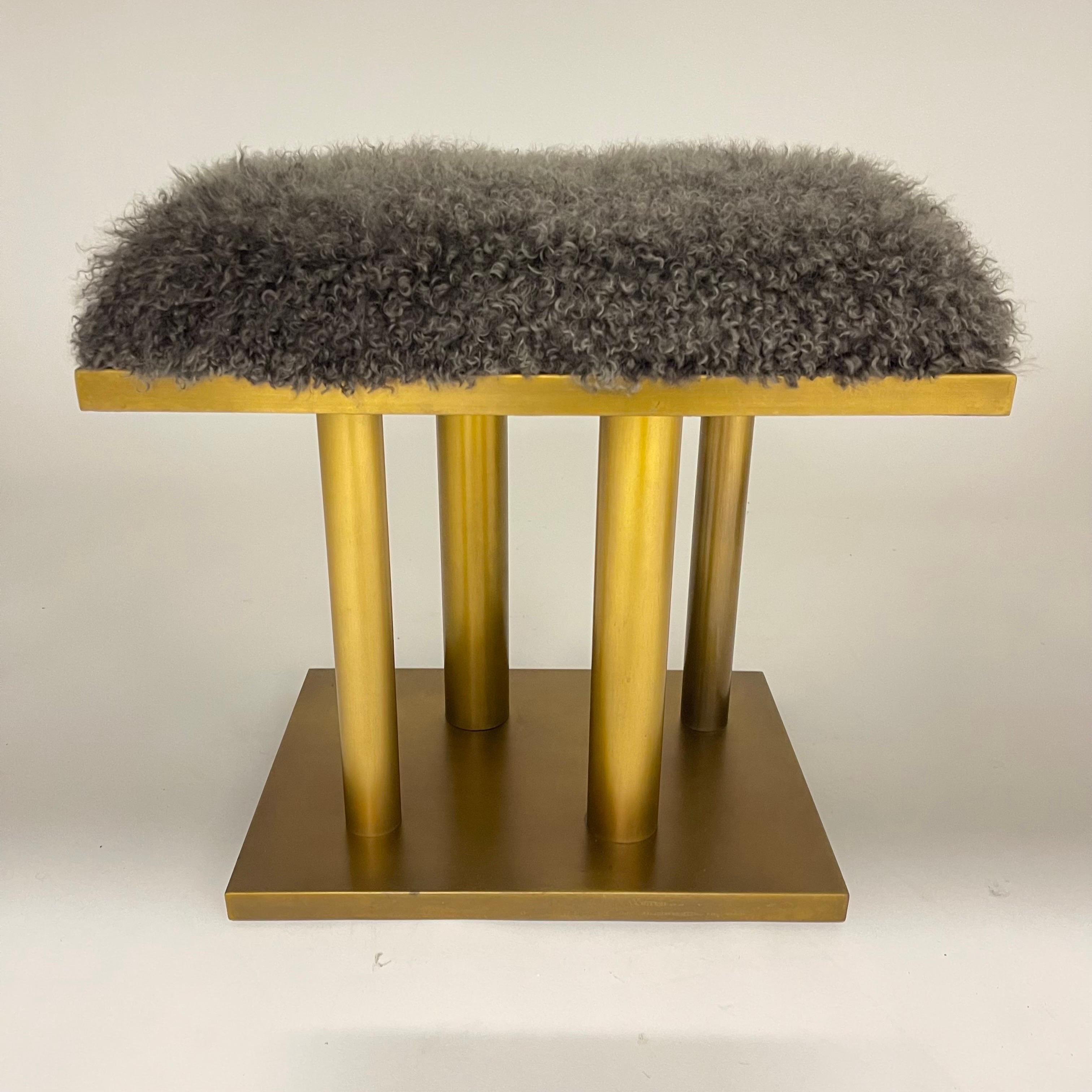 Pair of Kelly Wearstler Bronze and Grey Curly Mongolian Lamb Stools, USA 2015 In Good Condition For Sale In Miami, FL