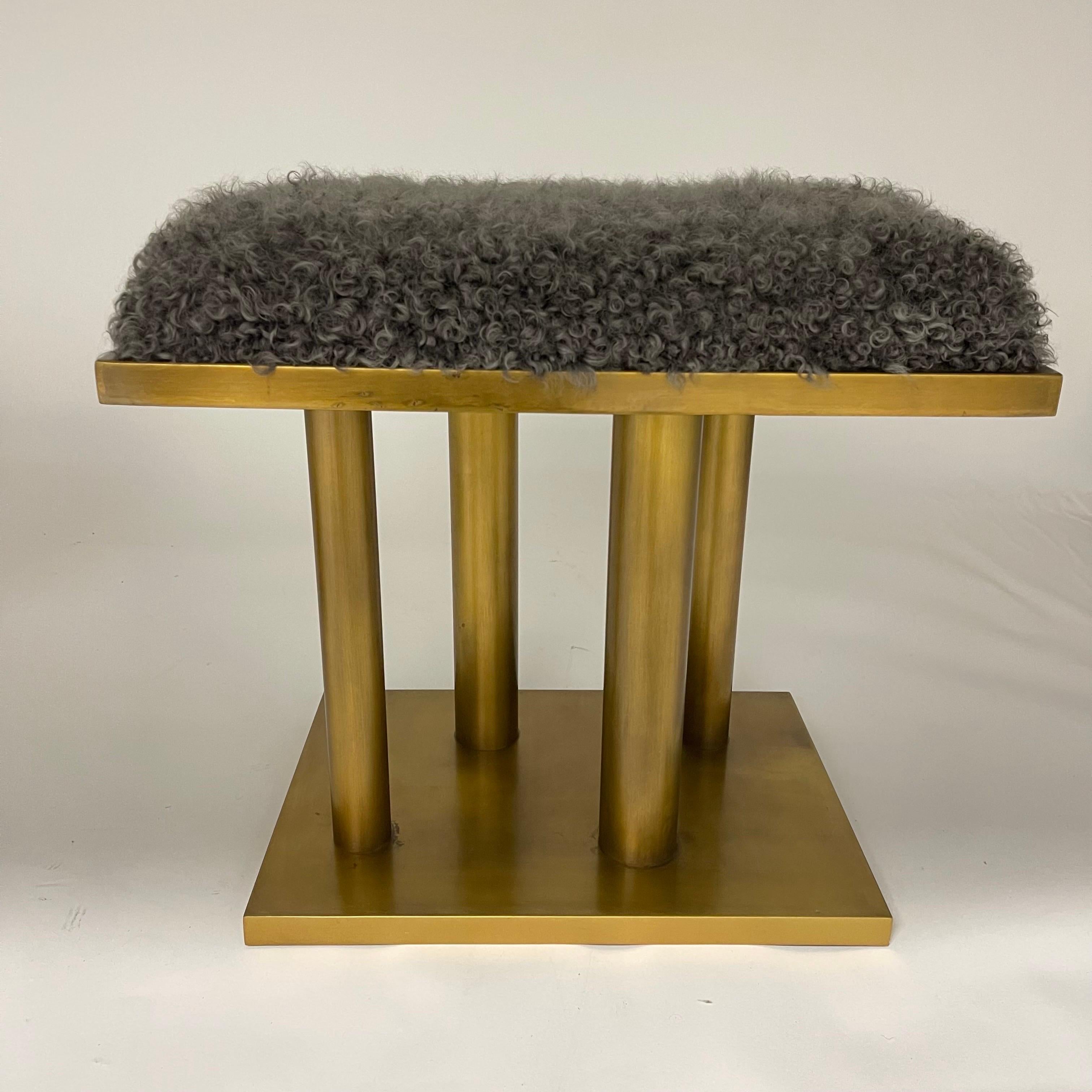 Contemporary Pair of Kelly Wearstler Bronze and Grey Curly Mongolian Lamb Stools, USA 2015 For Sale