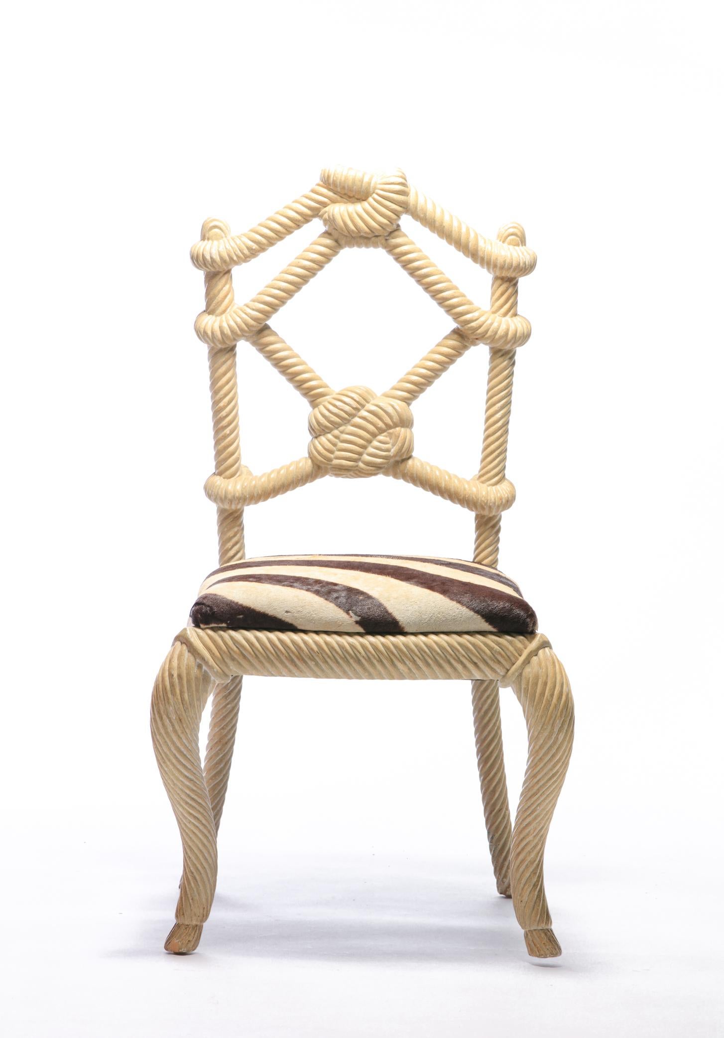 Hollywood Regency Pair of Rope Chairs from Viceroy Miami with Zebra Hide Upholstered Seats