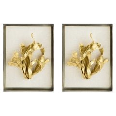Pair of Kelp Fabric Shadow Boxes in Brass, Nickel and Fabric