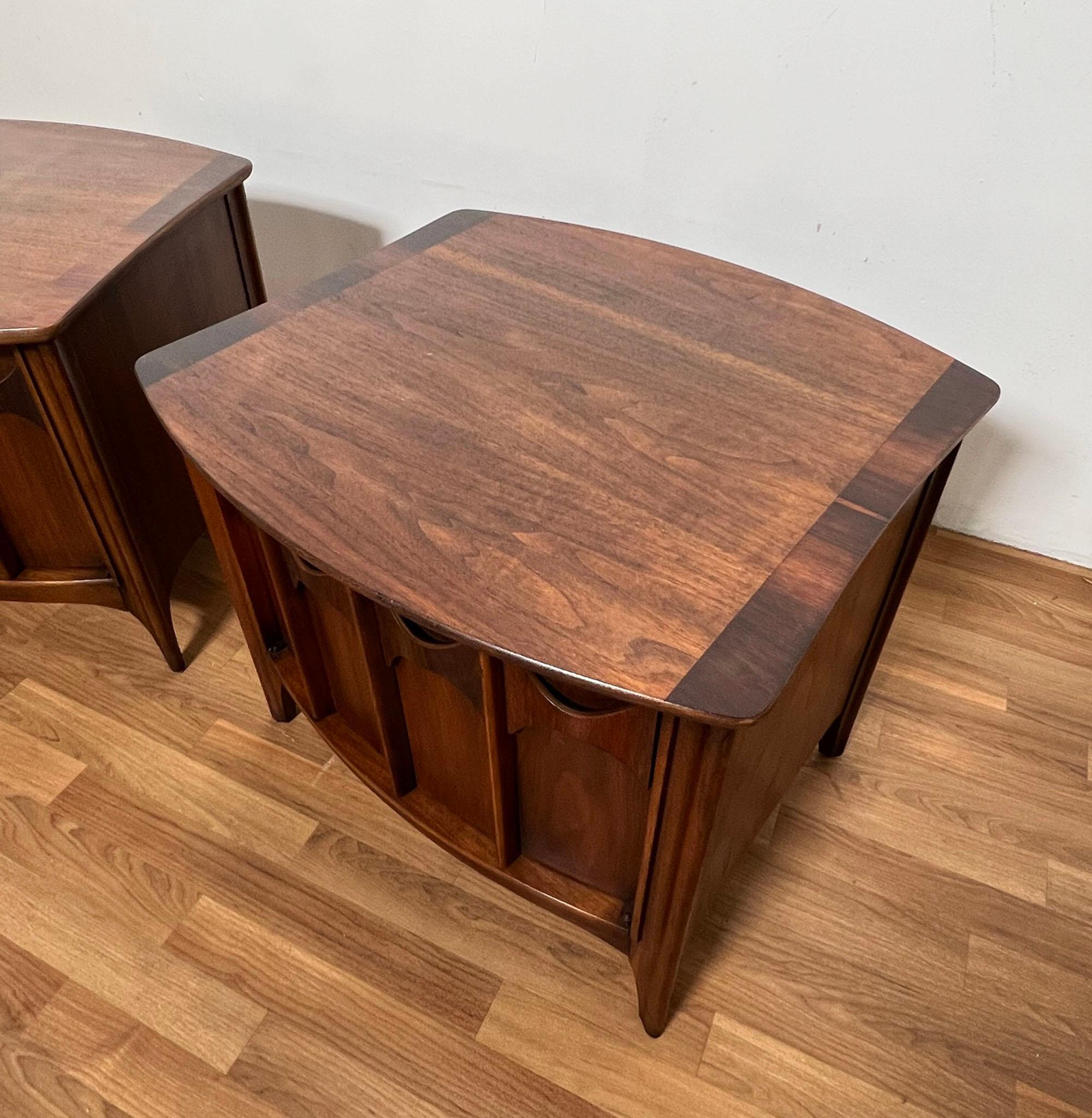 A pair of Kent Coffey end tables with finished backs from their Perspecta line, circa 1960s. Would also make excellent nightstands.