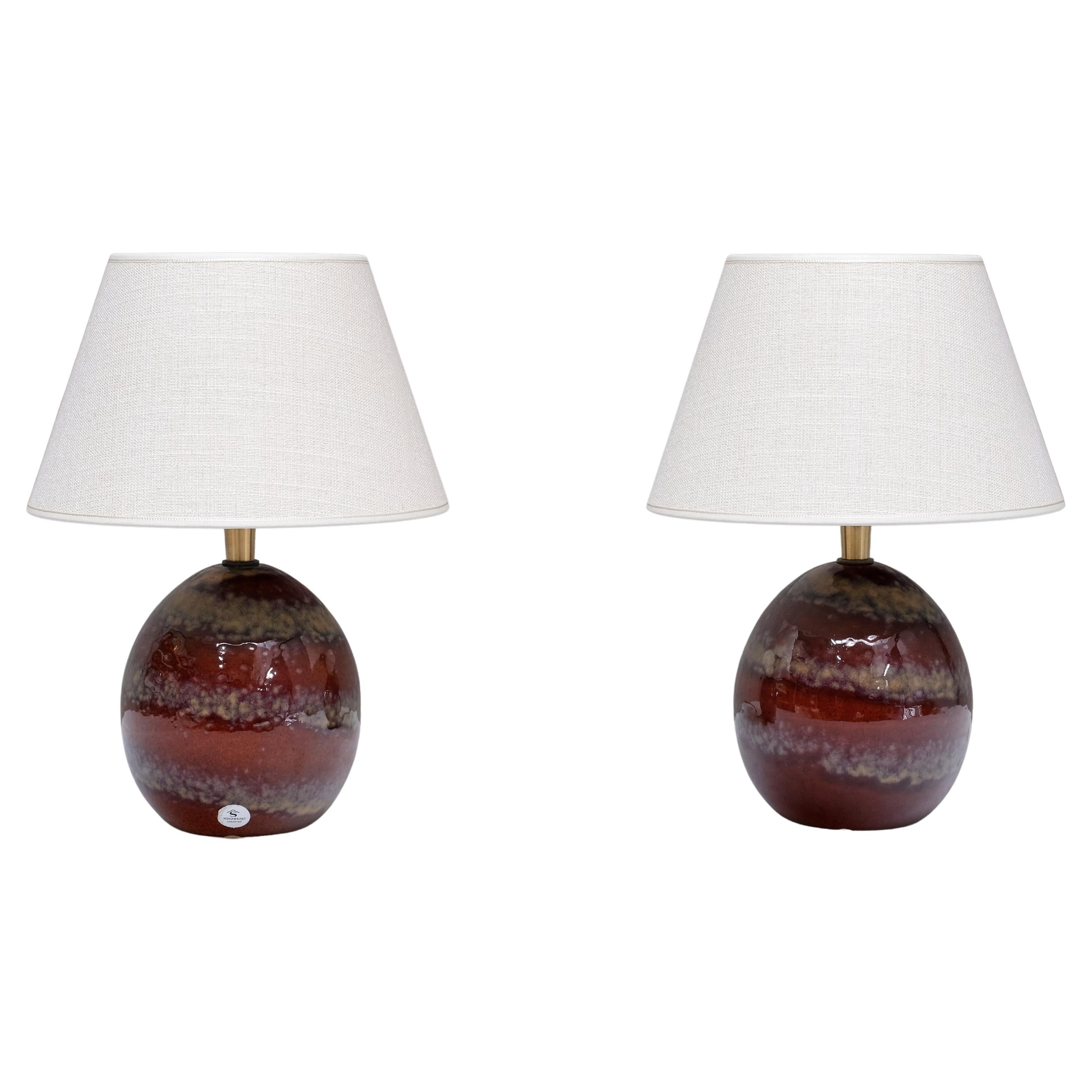Pair of Kent Eriksson Glazed Ceramic Oval Table Lamps, Designhuset, Sweden 1970s