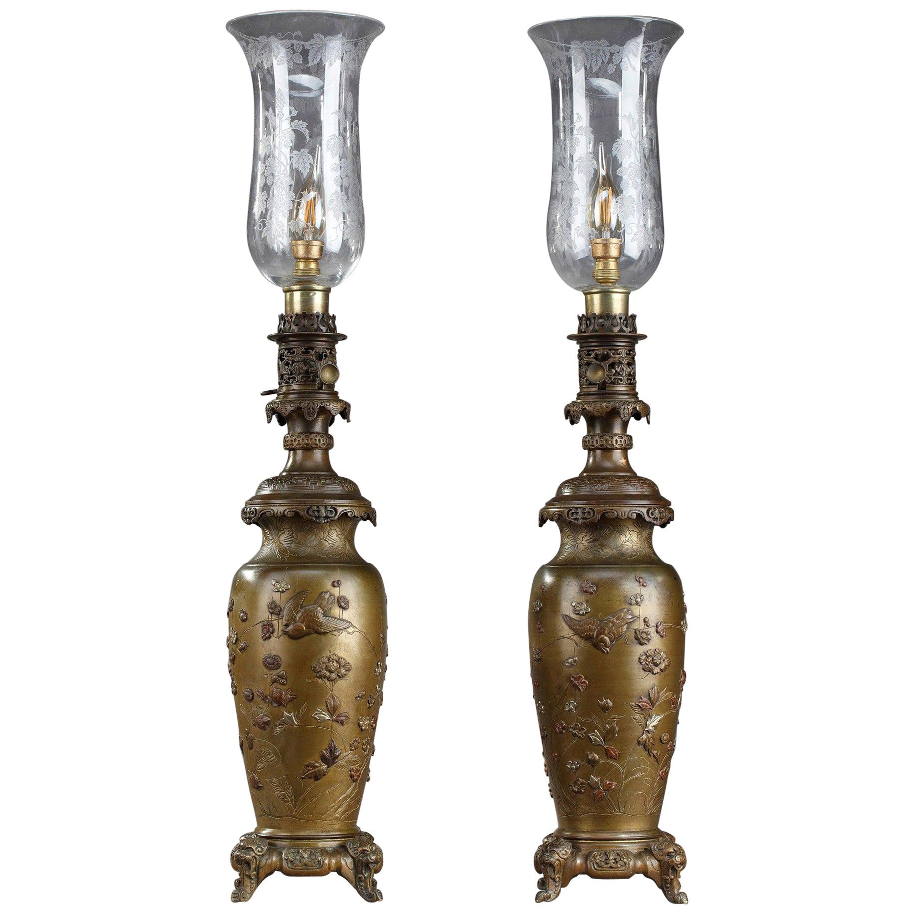 Pair of Kerosene Lamps with Birds in Chinese Style For Sale