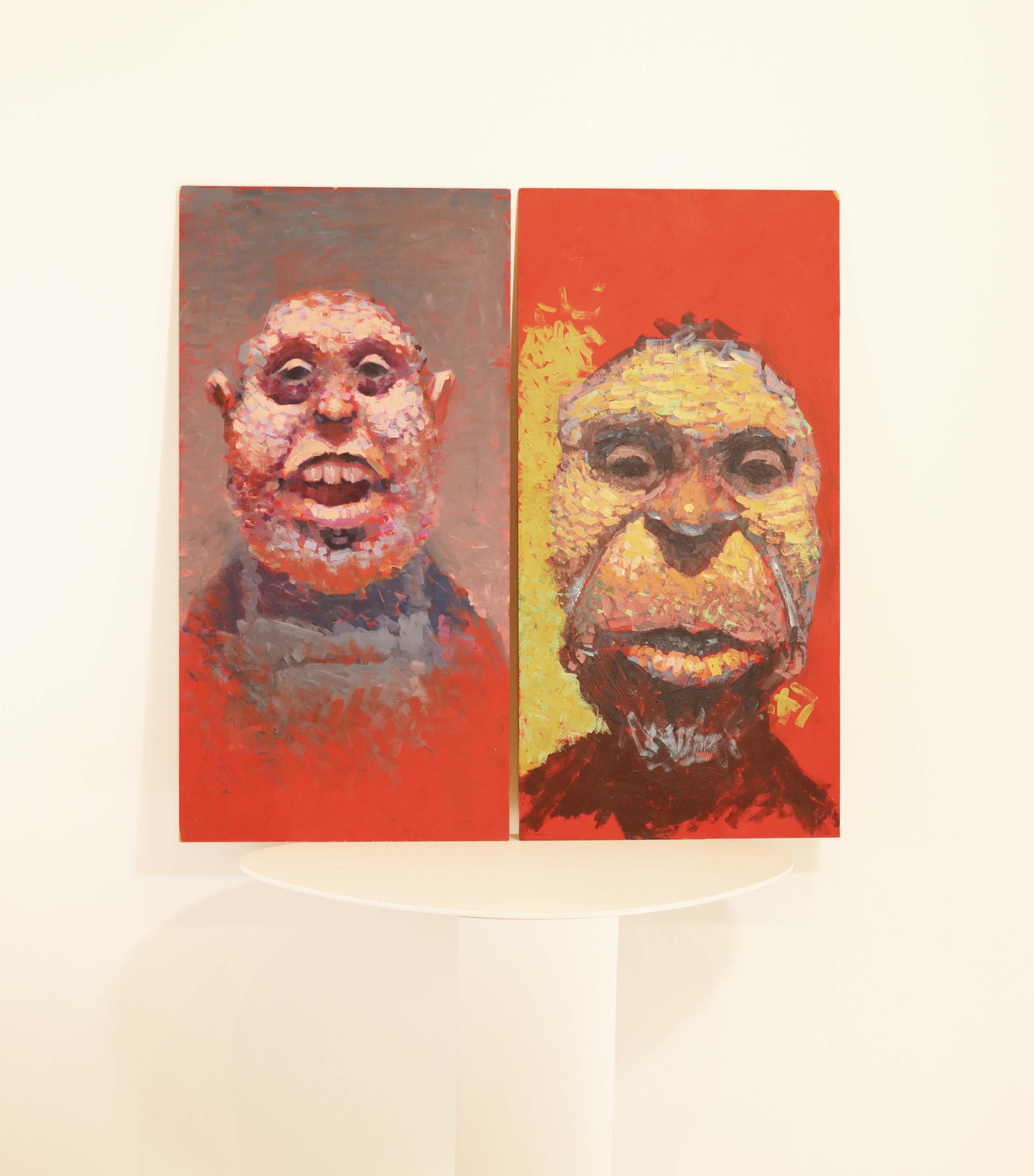 A contemporary pop surreal pair of portraits on wood panels by graffiti and street artist Kevin Peterson. Hand signed by the artist on the verso. Created in 2003. The portraits are edgy caricatures emerging from a bright lime green and crimson