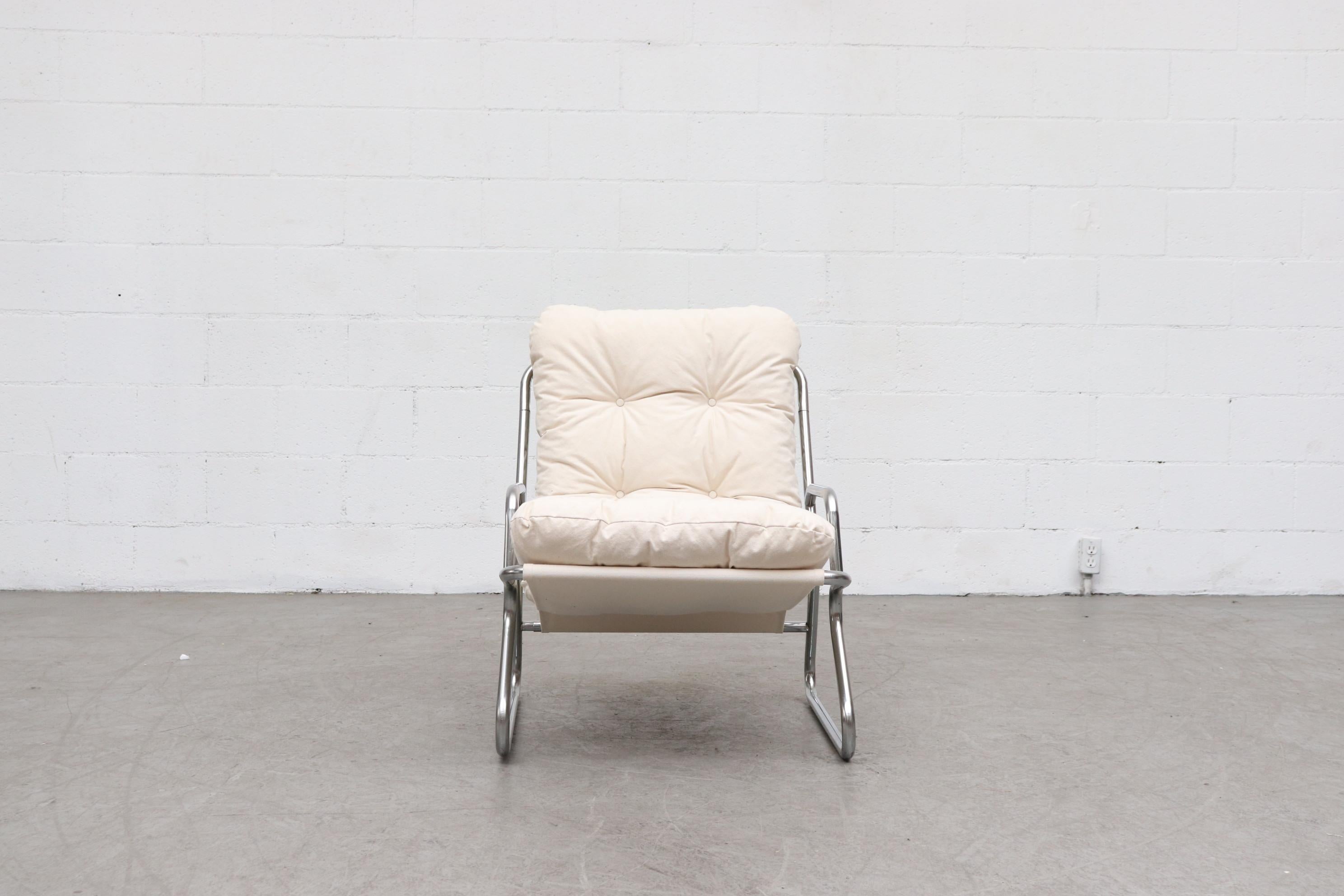 Mid-Century Modern Pair of Kho Liang Ie Inspired Chrome and Canvas Upholstered Lounge Chairs