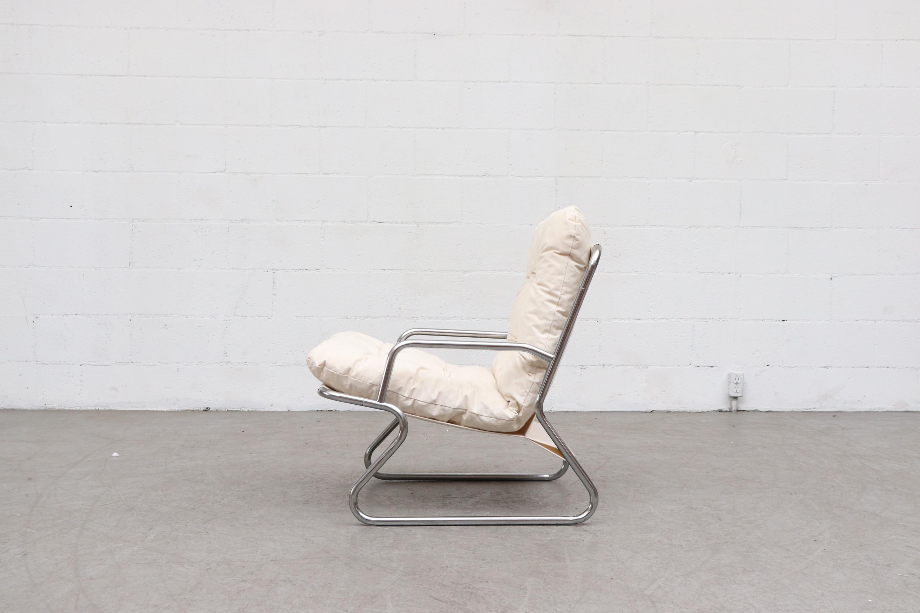 Dutch Pair of Kho Liang Ie Inspired Chrome and Canvas Upholstered Lounge Chairs
