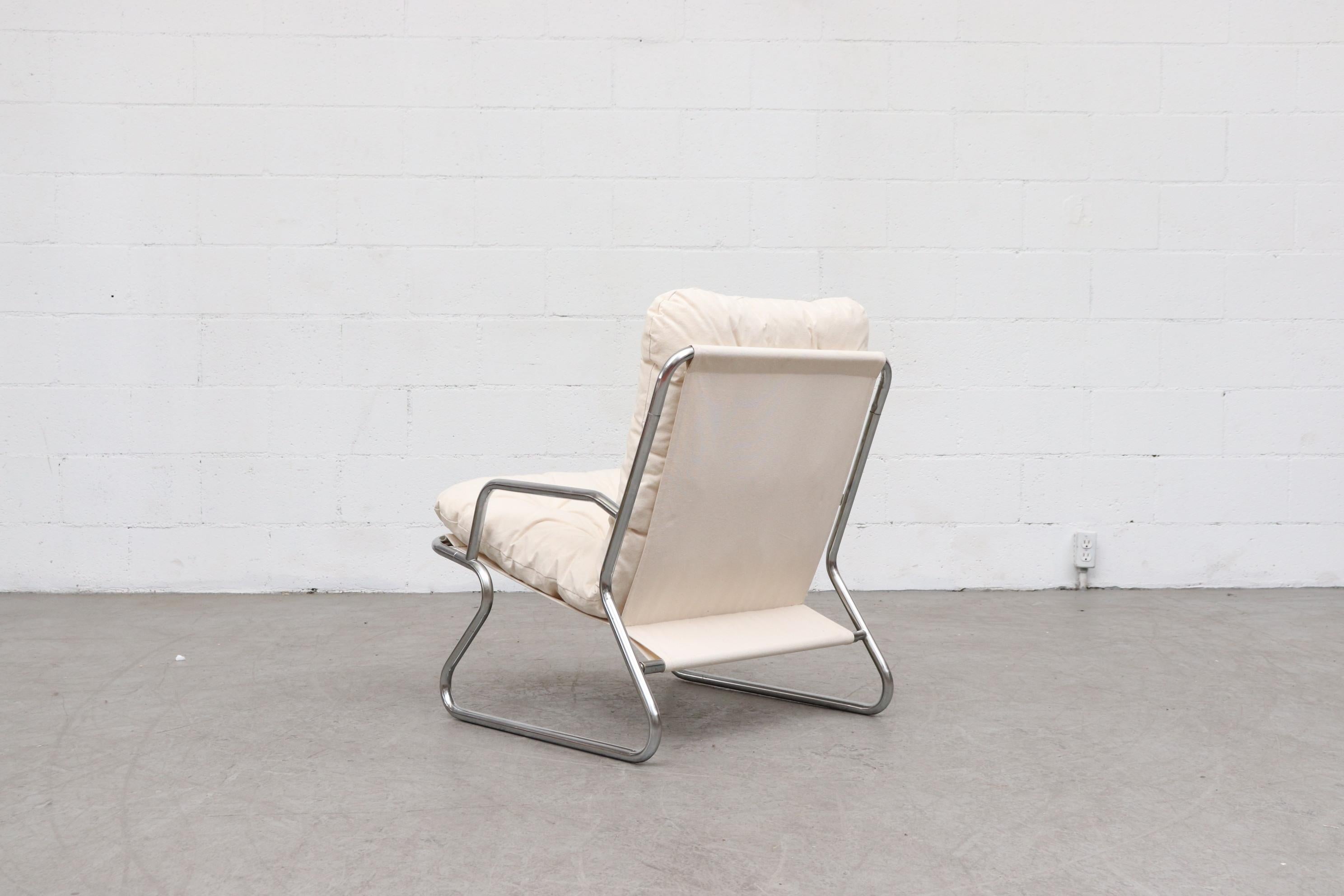 Pair of Kho Liang Ie Inspired Chrome and Canvas Upholstered Lounge Chairs In Good Condition In Los Angeles, CA