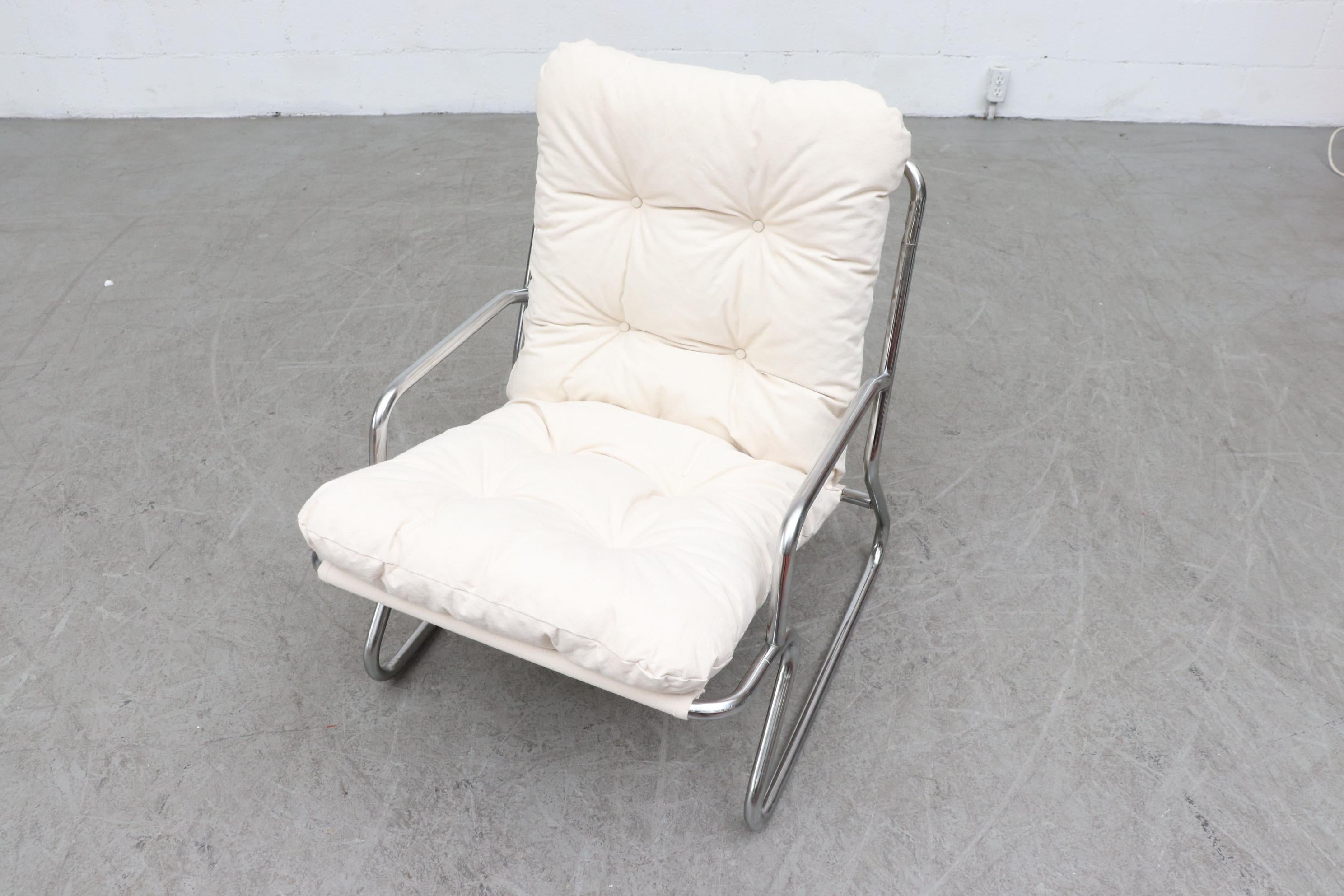 Pair of Kho Liang Ie Inspired Chrome and Canvas Upholstered Lounge Chairs 1