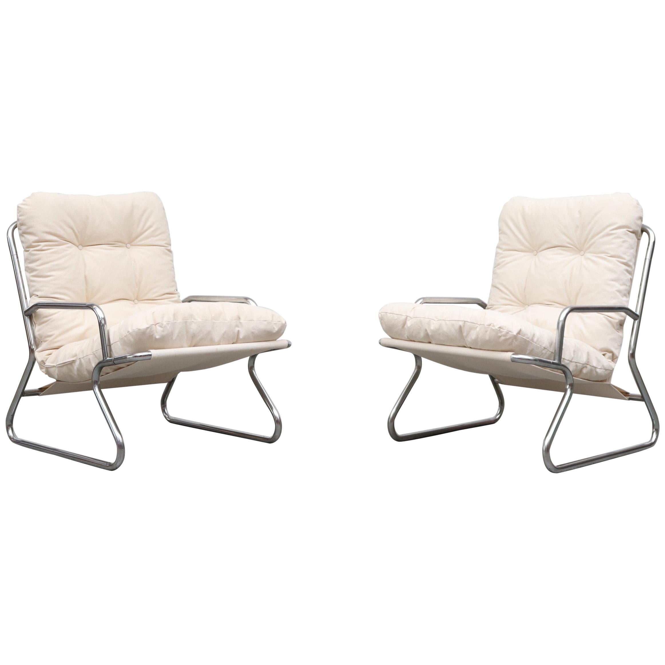 Pair of Kho Liang Ie Inspired Chrome and Canvas Upholstered Lounge Chairs