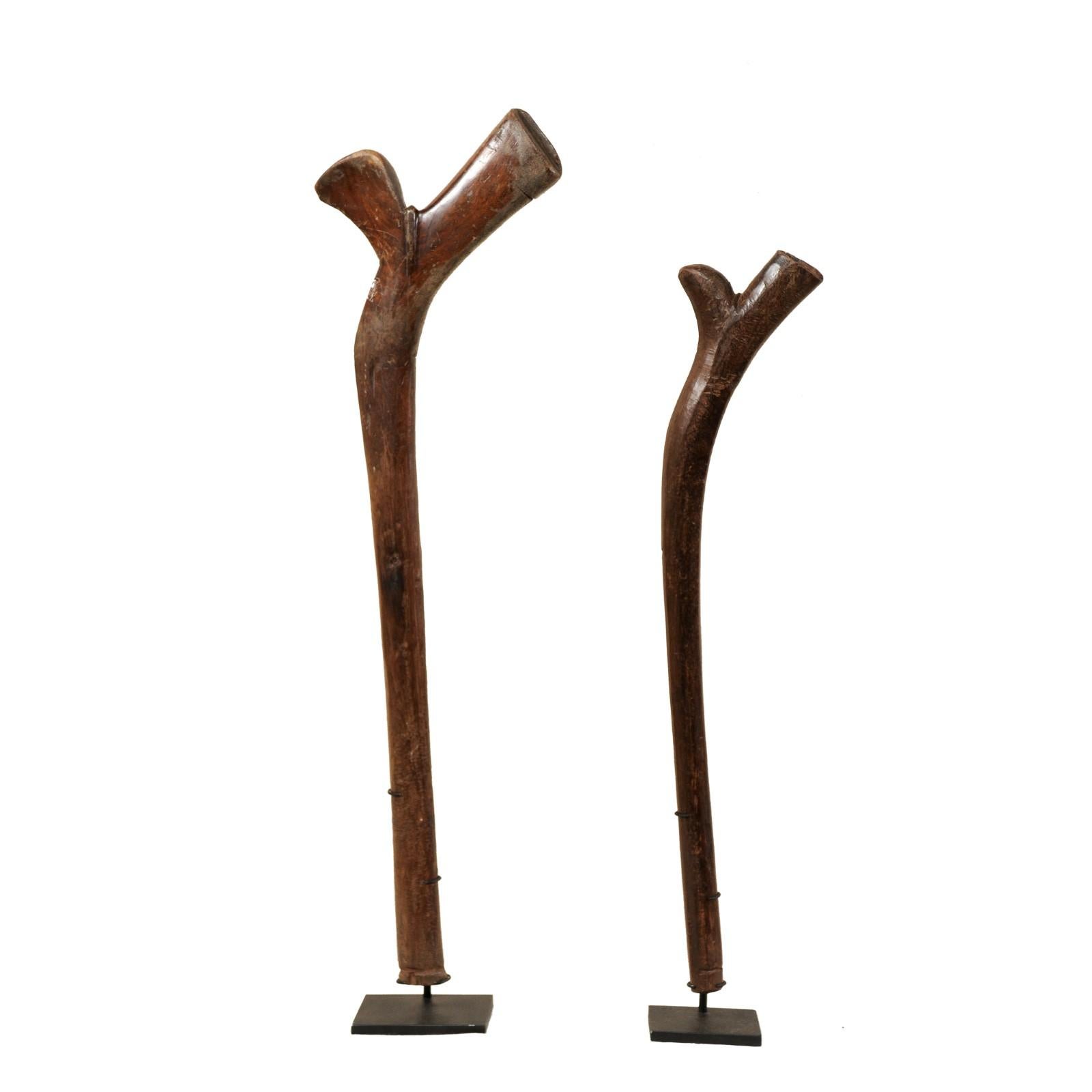 Pair of Kiakavo Wooden Clubs from the Fiji Islands on Custom Black Stands For Sale