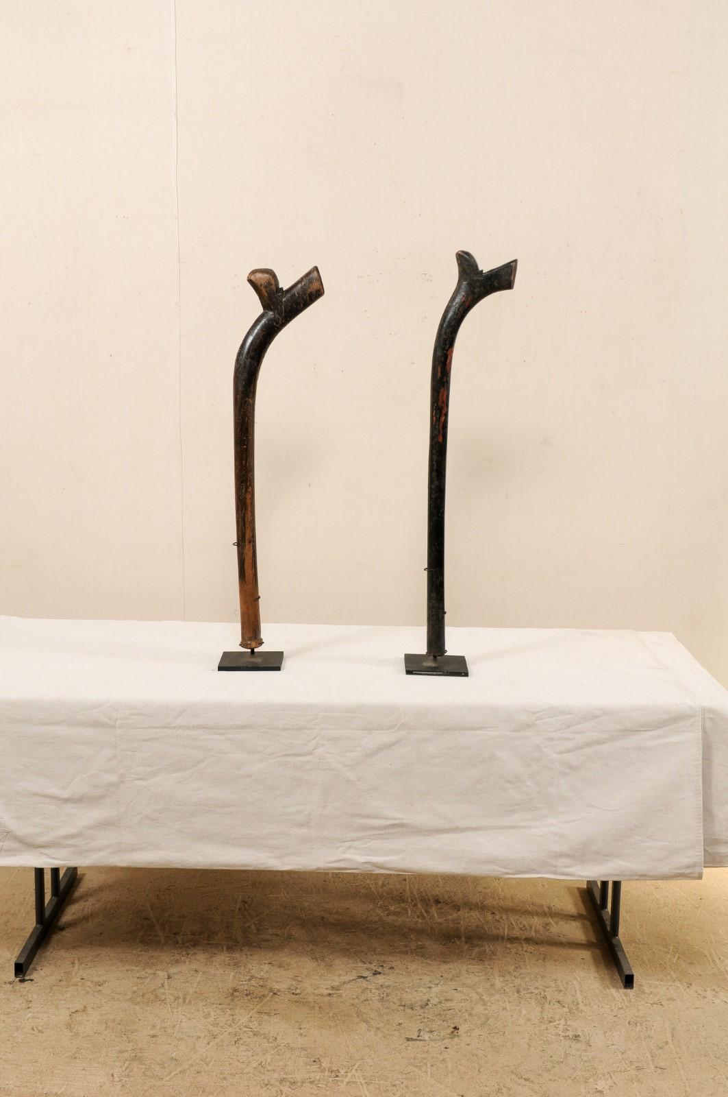 A pair of Kiakavo wooden clubs from the Fiji Islands on custom stands. These vintage tribal wood clubs, carved by stone, are a beautiful example of the distinctive double-headed Kiakavo war club, which is often referred to as a 