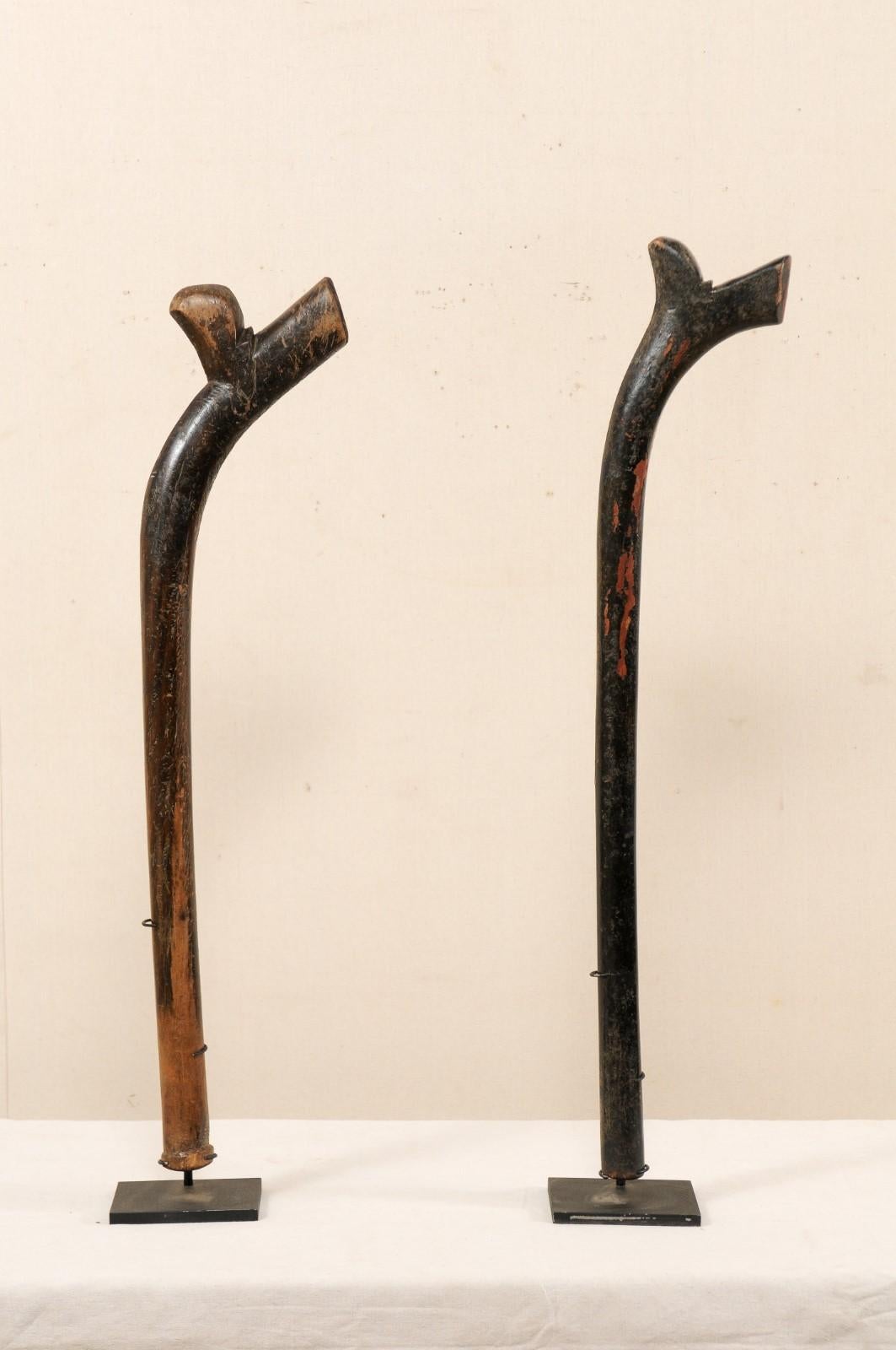 Tribal Pair of Kiakavo Wooden Clubs from the Fiji Islands on Custom Stands For Sale