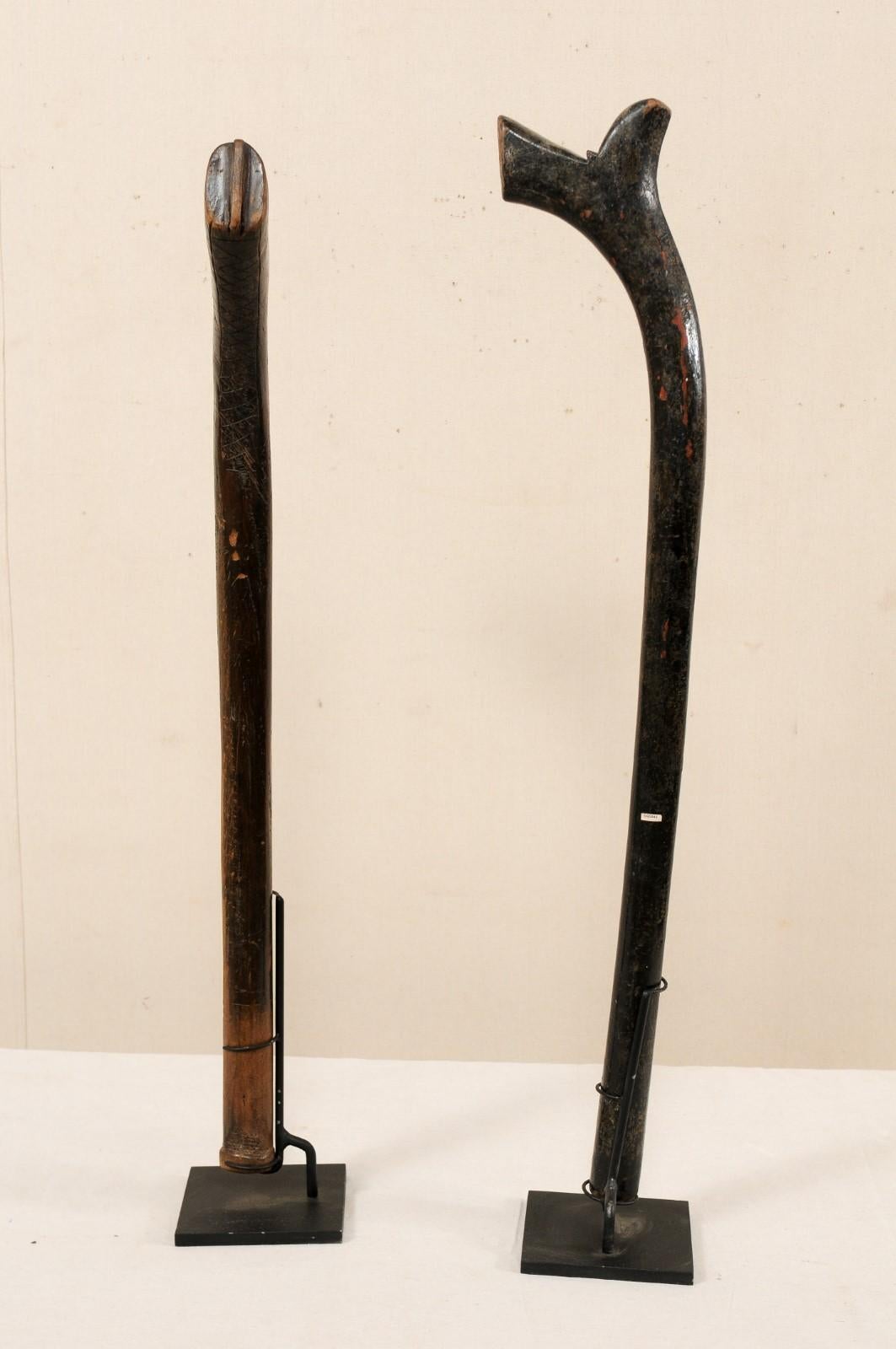 Fijian Pair of Kiakavo Wooden Clubs from the Fiji Islands on Custom Stands For Sale
