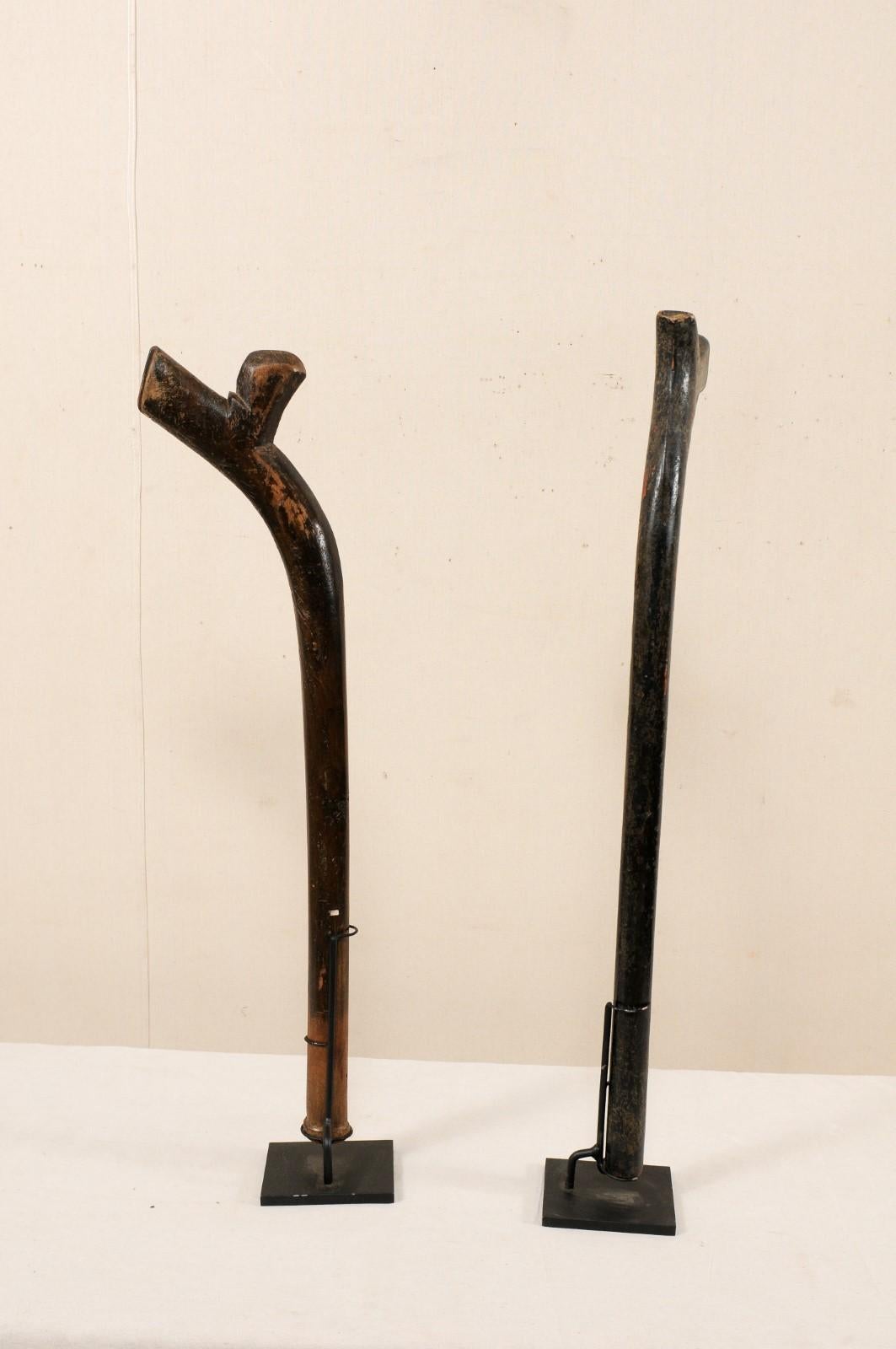 Metal Pair of Kiakavo Wooden Clubs from the Fiji Islands on Custom Stands For Sale