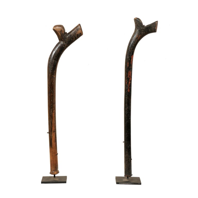 Pair of Kiakavo Wooden Clubs from the Fiji Islands on Custom Stands For