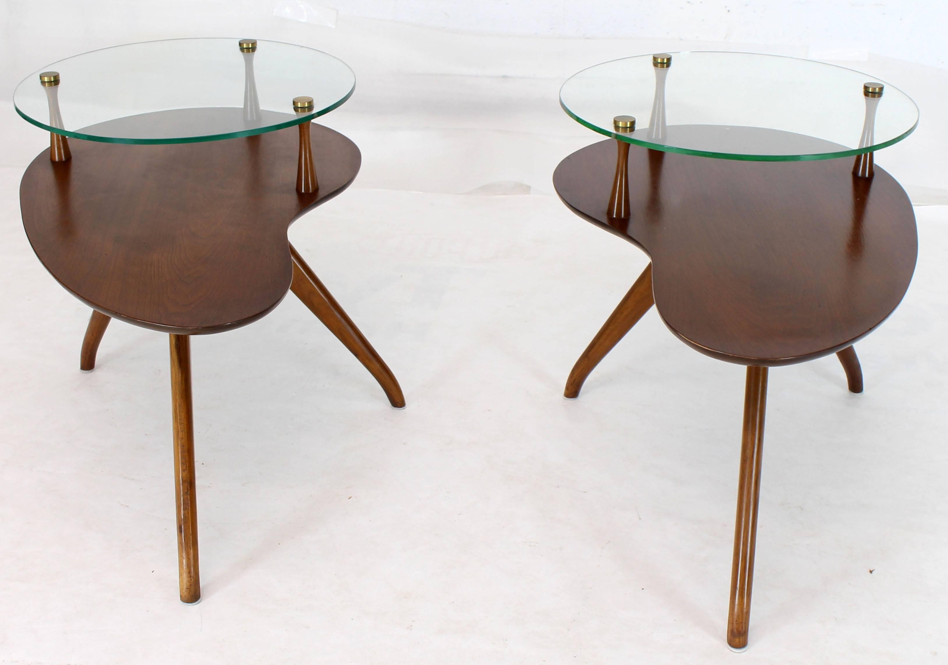 Lacquered walnut round glass galleries organic kidney shape side tables.