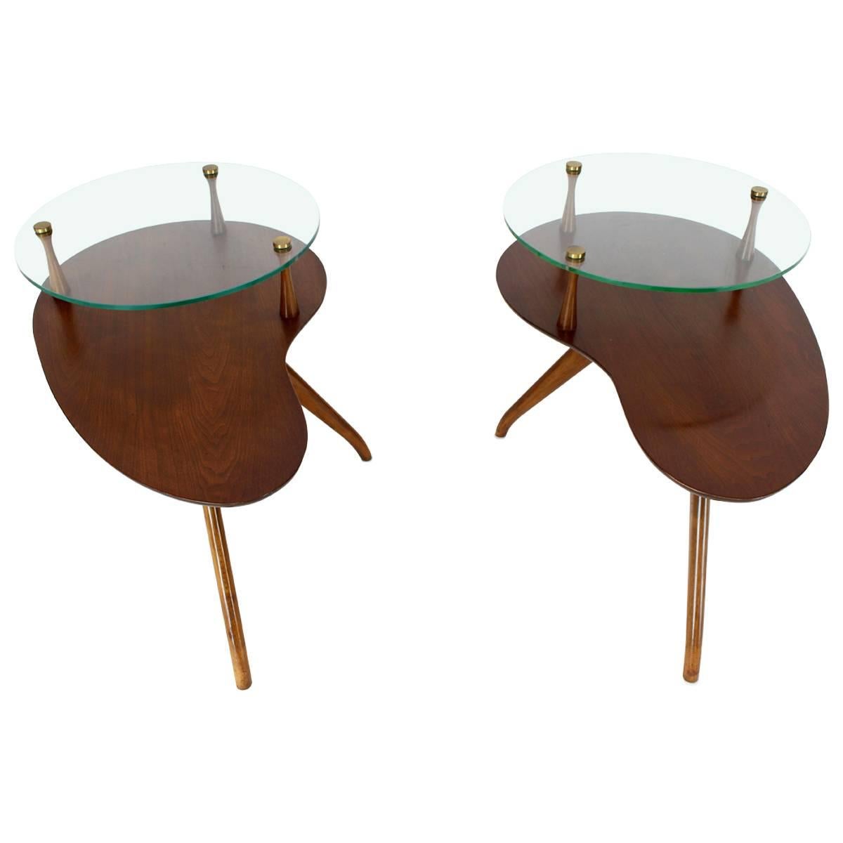 Pair of Kidney Organic Shape Two-Tier Tri-Legged Side Tables For Sale