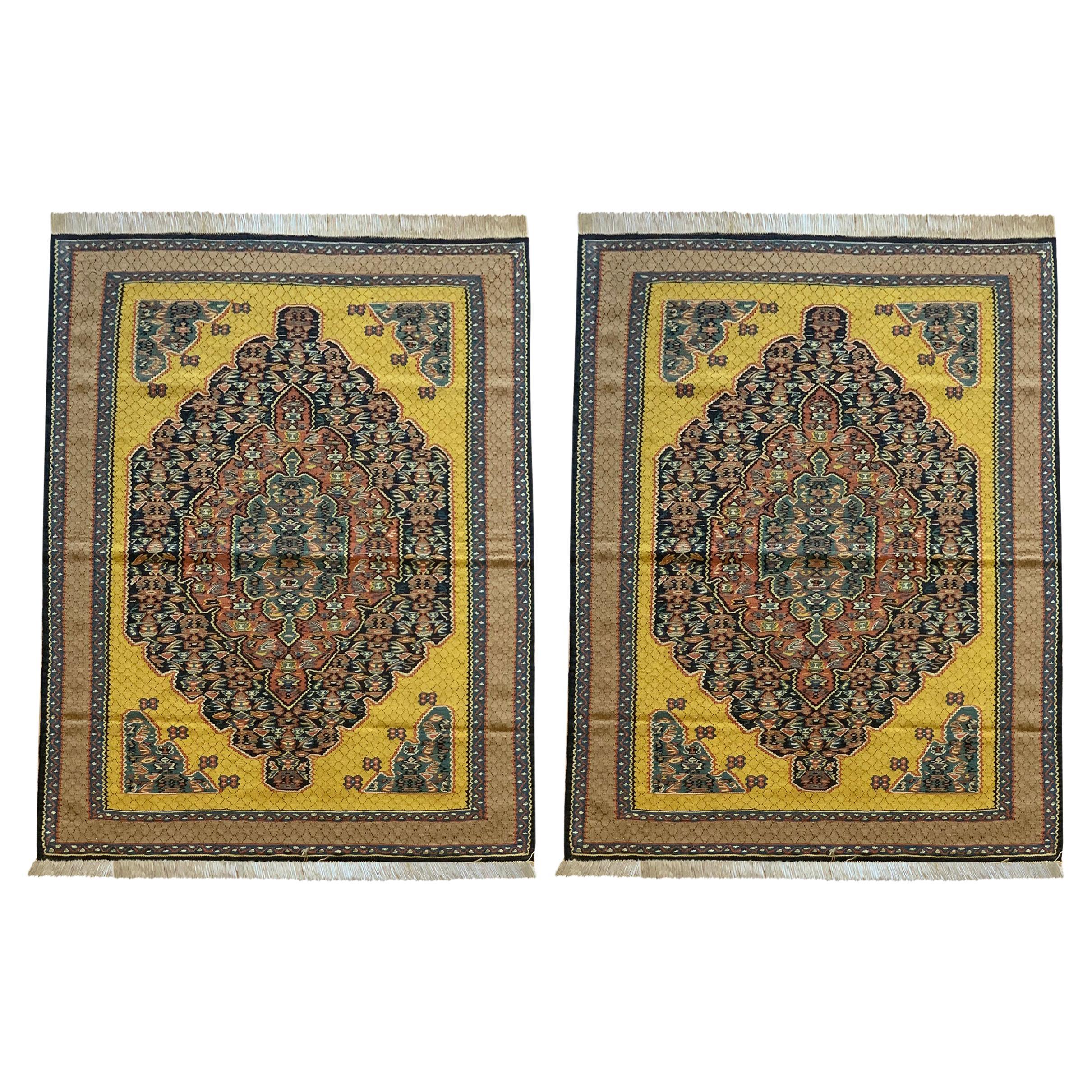 Pair of Kilim Rugs Traditional Carpet Flatwoven Yellow Silk/Wool Rugs