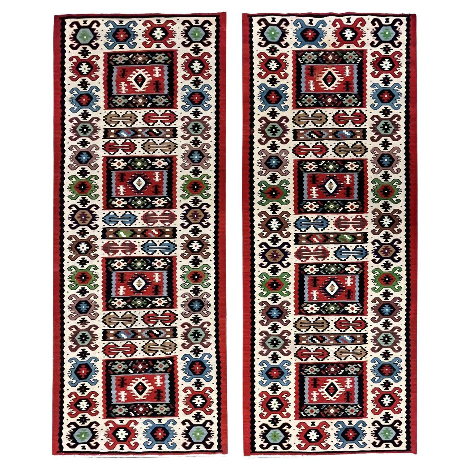 Pair of Kilims Traditional Handmade Red Wool Turkish Runner Rugs For Sale