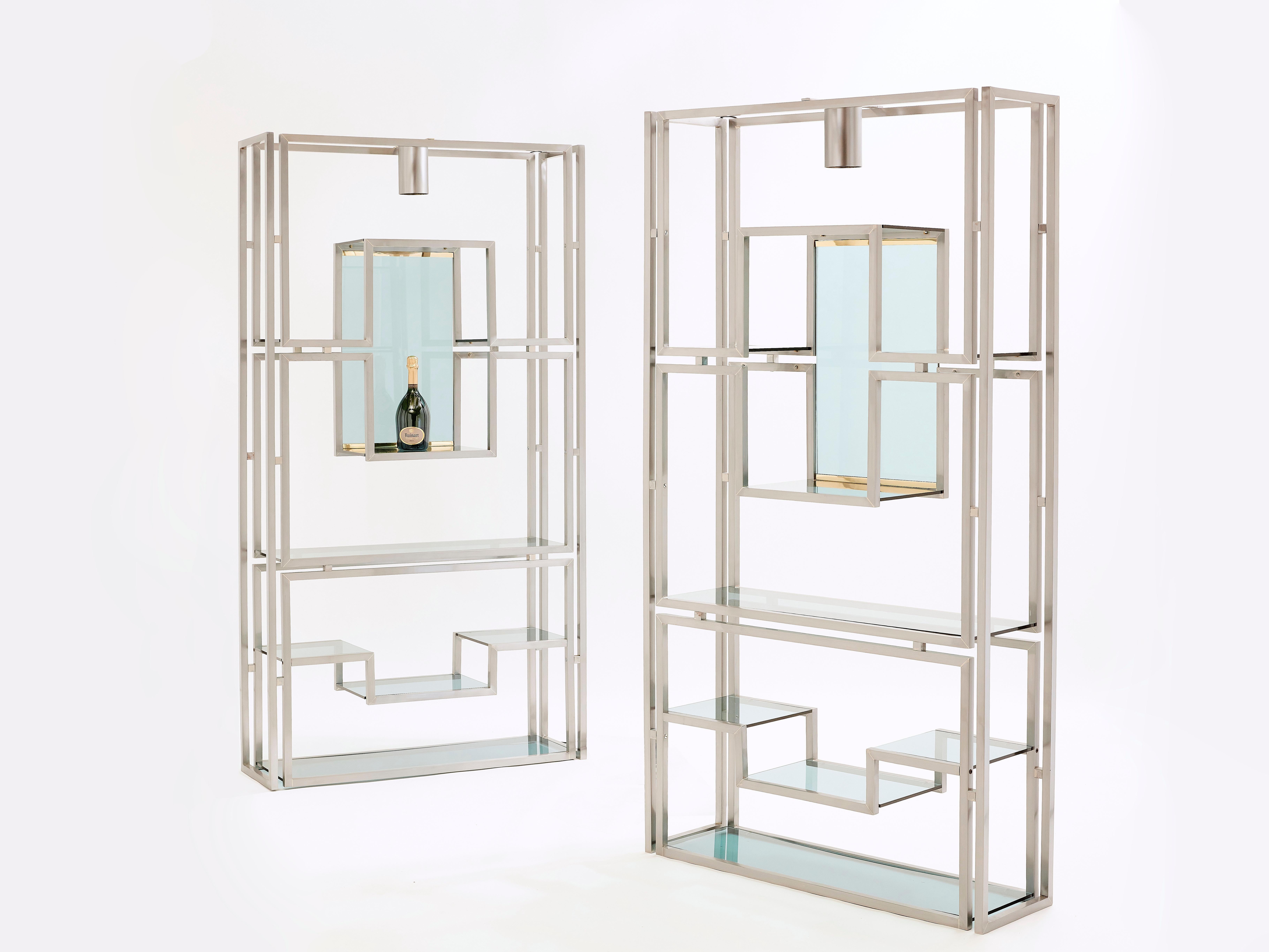 Pair of Kim Moltzer Brushed Steel Brass Green Lucite Shelving Units For Sale 4