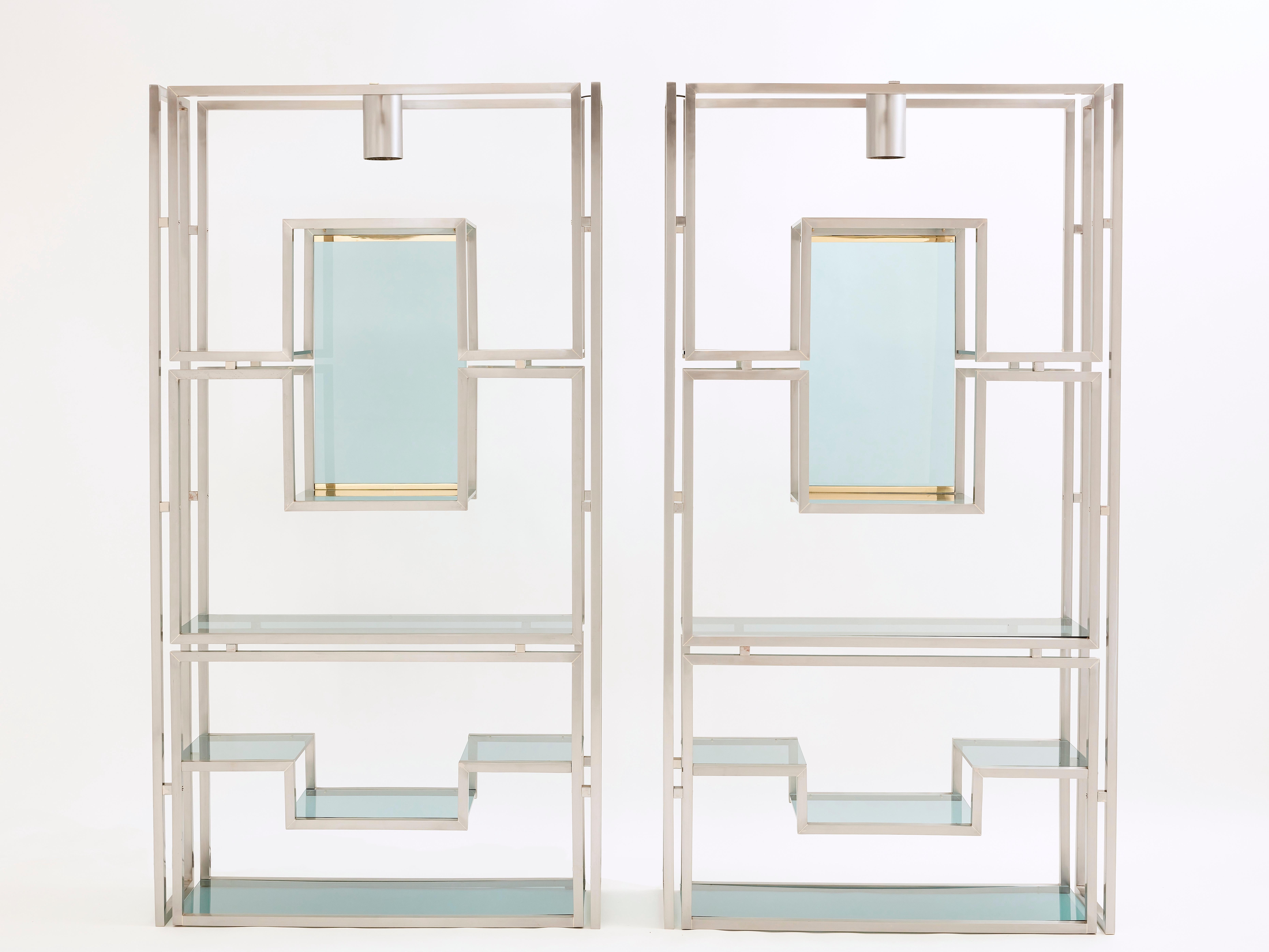 Pair of Kim Moltzer Brushed Steel Brass Green Lucite Shelving Units For Sale 12