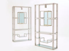 Pair of Kim Moltzer Brushed Steel Brass Green Lucite Shelving Units