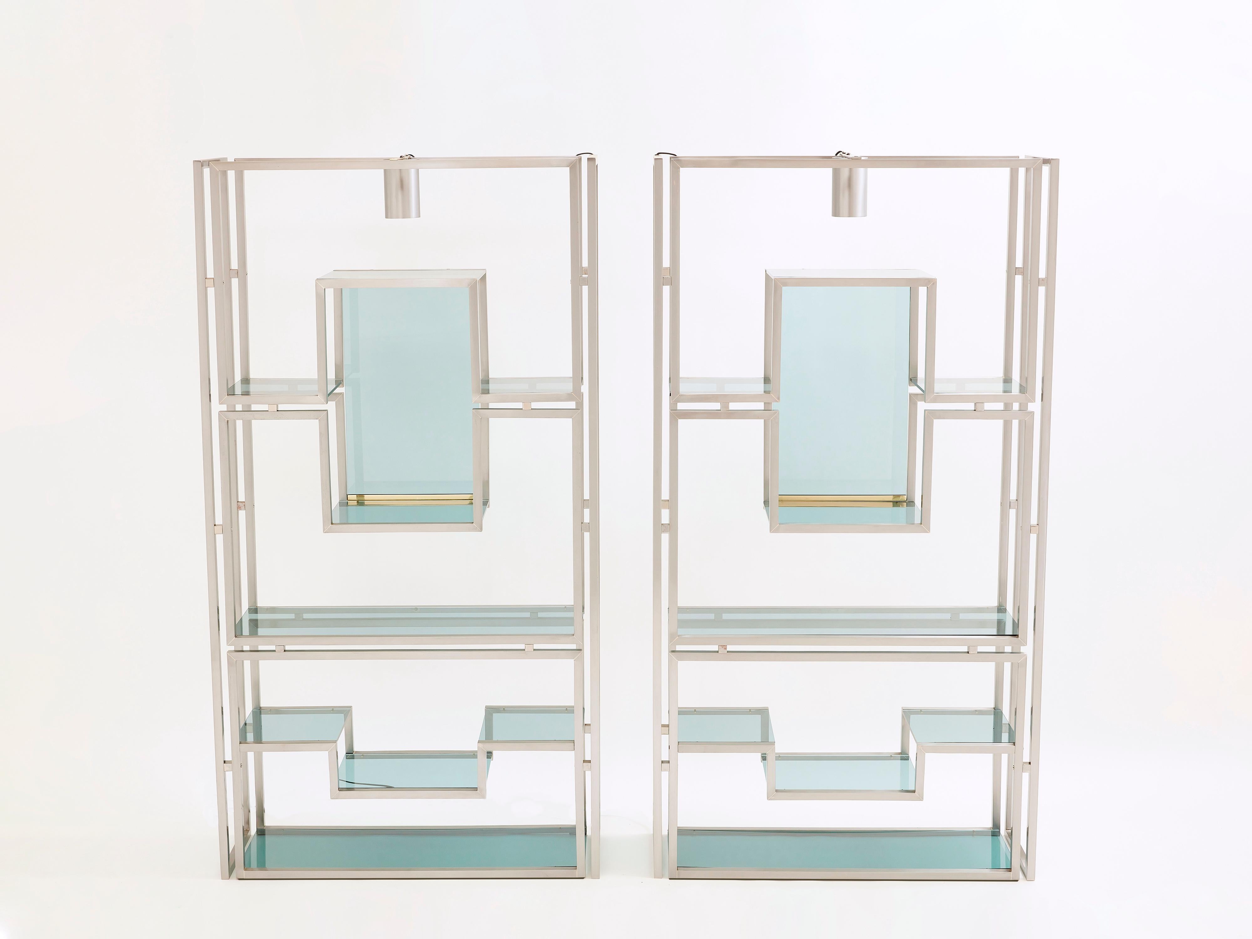 Mid-Century Modern Pair of Kim Moltzer Brushed Steel Brass Green Lucite Shelving Units For Sale