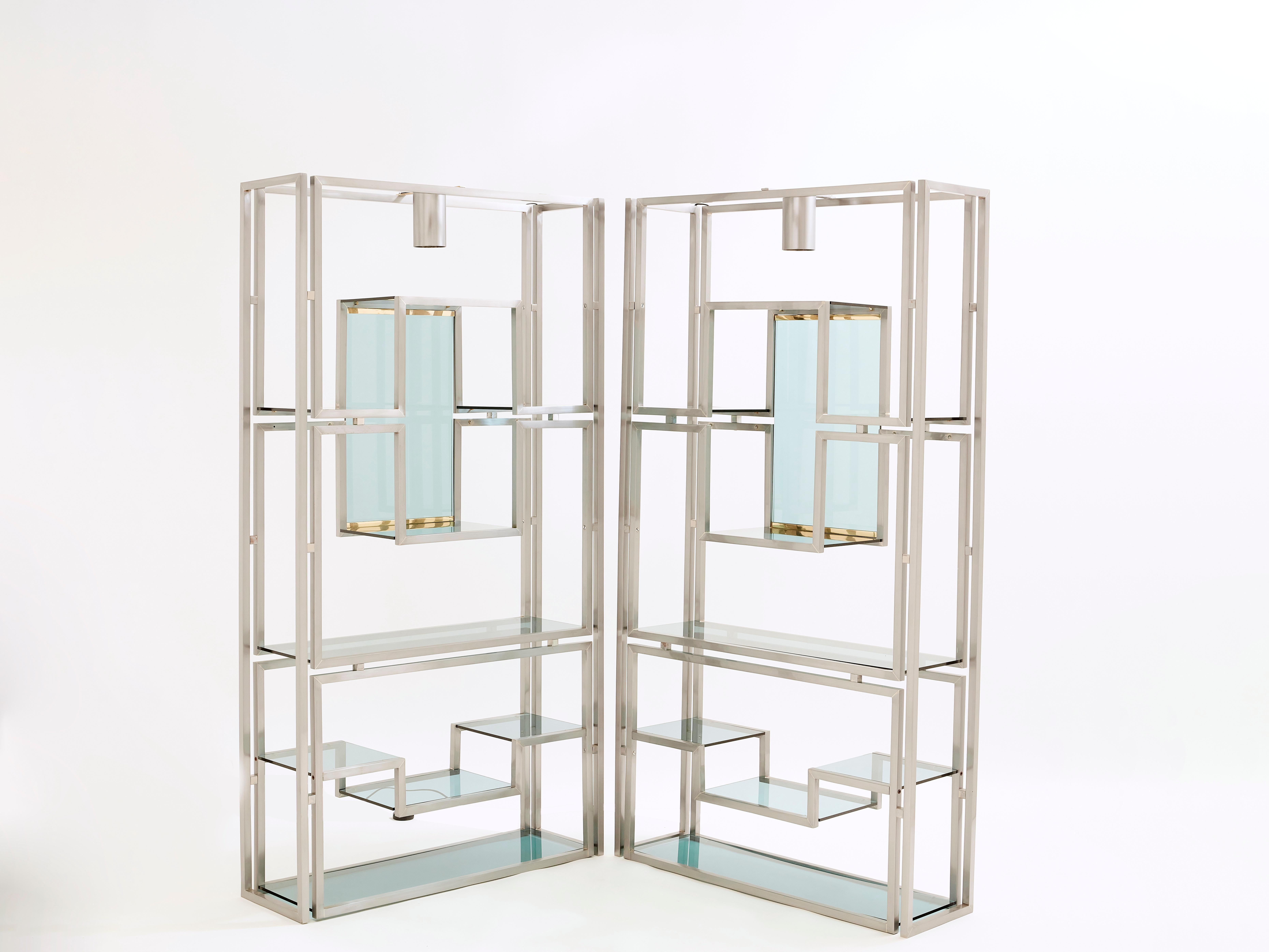French Pair of Kim Moltzer Brushed Steel Brass Green Lucite Shelving Units For Sale
