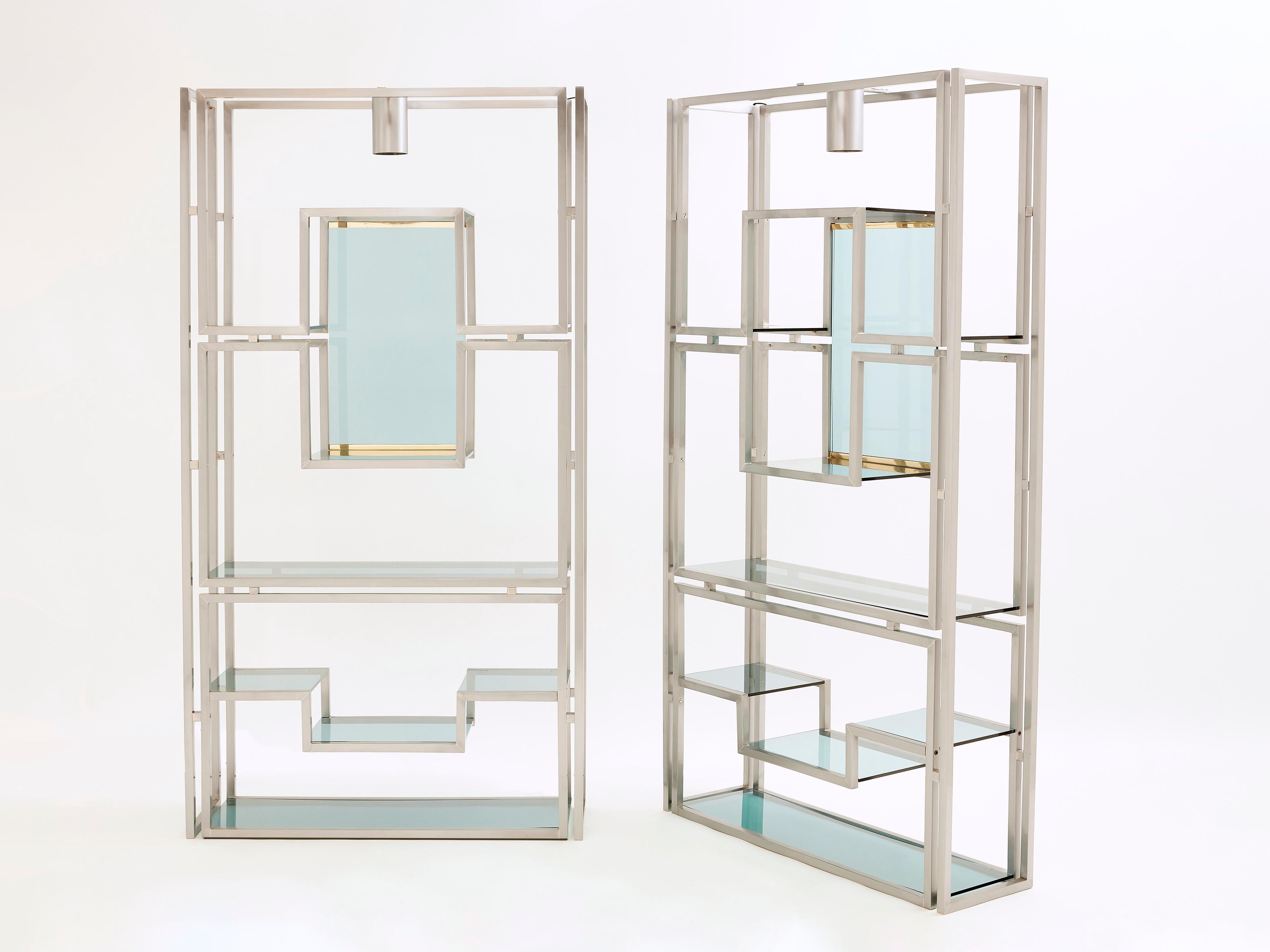 Pair of Kim Moltzer Brushed Steel Brass Green Lucite Shelving Units For Sale 1
