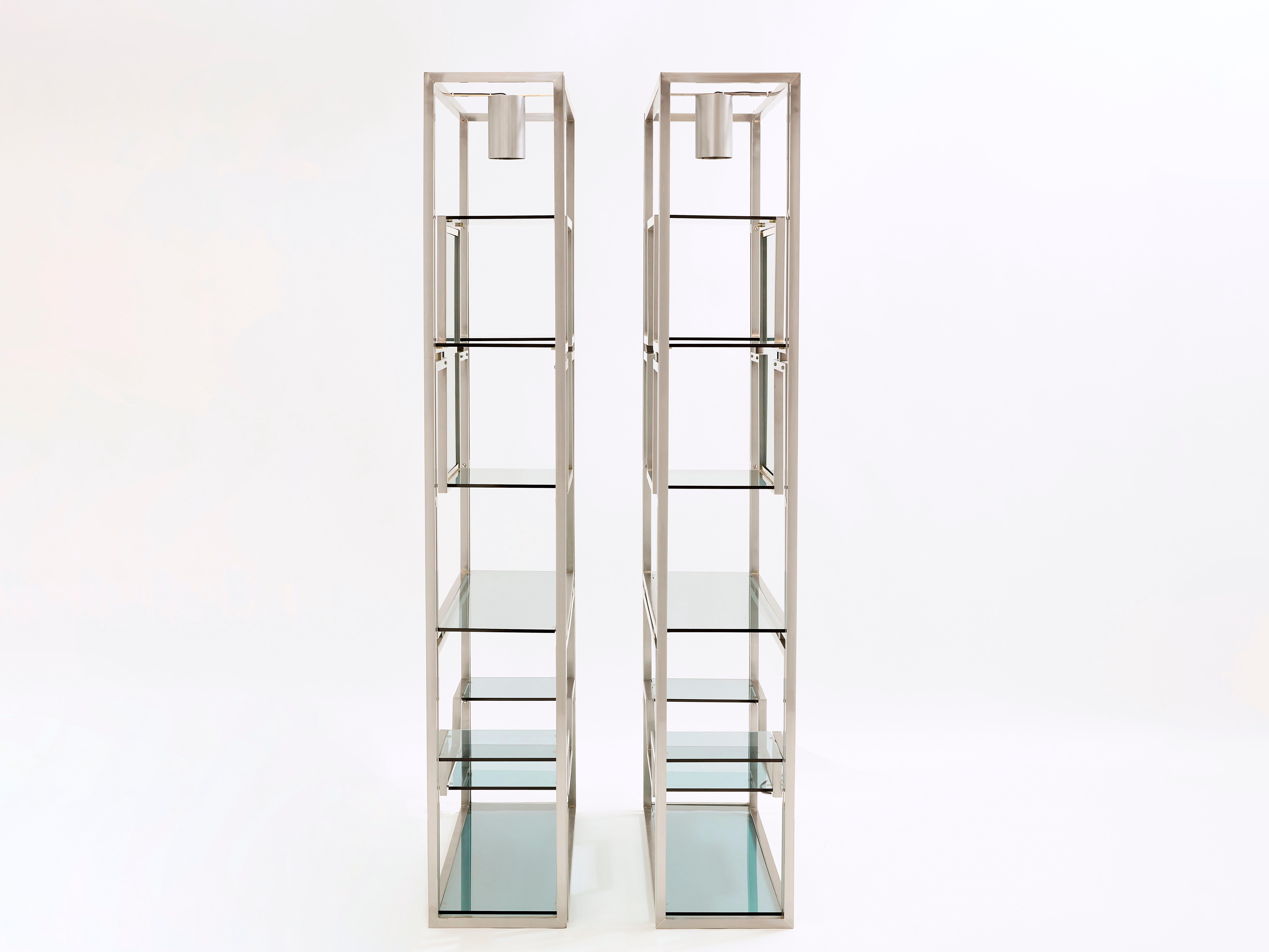 Pair of Kim Moltzer Brushed Steel Brass Green Lucite Shelving Units For Sale 2