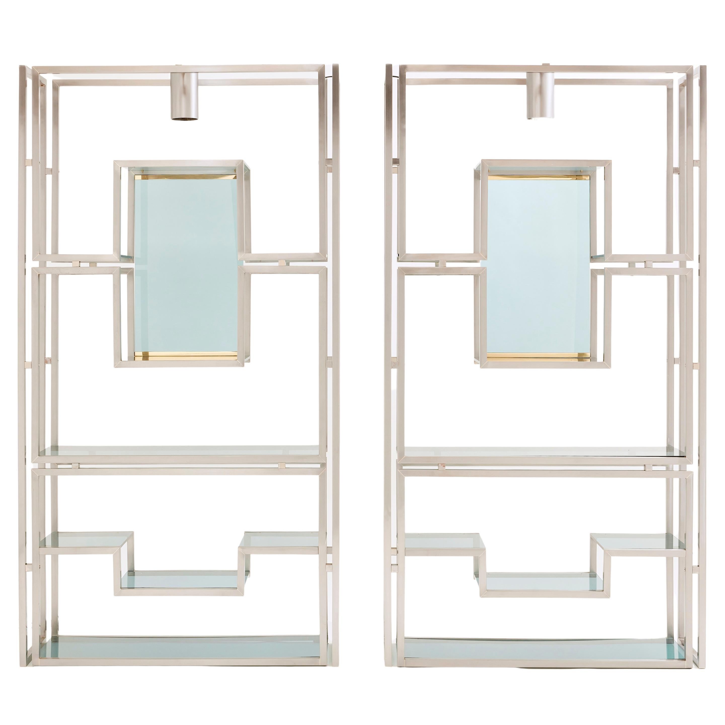 Pair of Kim Moltzer Brushed Steel Brass Green Lucite Shelving Units