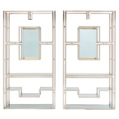 Pair of Kim Moltzer Brushed Steel Brass Green Lucite Shelving Units